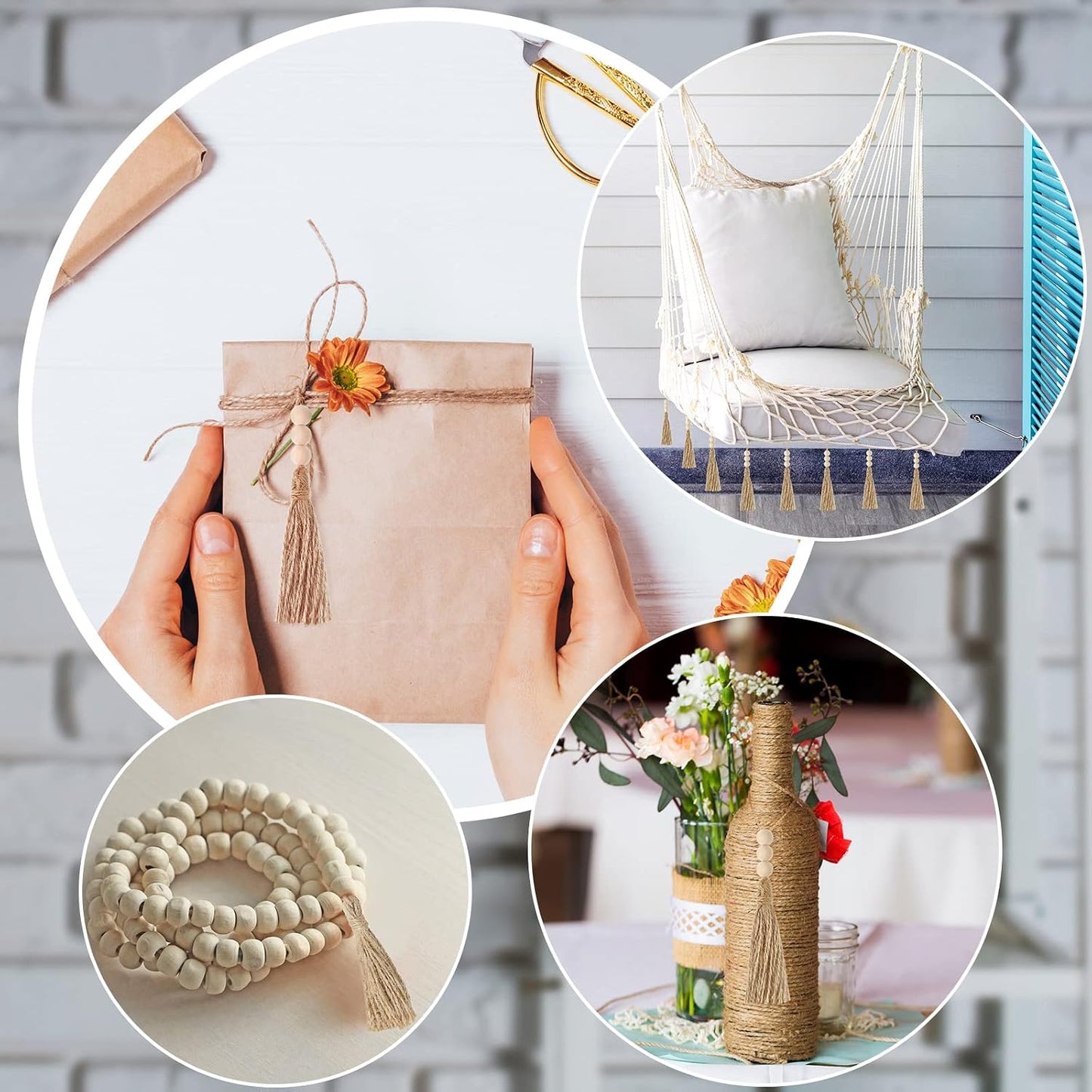 3 Wood Beads Jute Rope Burlap Tassels for Christmas Tree DIY Craft Wood Beads / Natural / Set of 40
