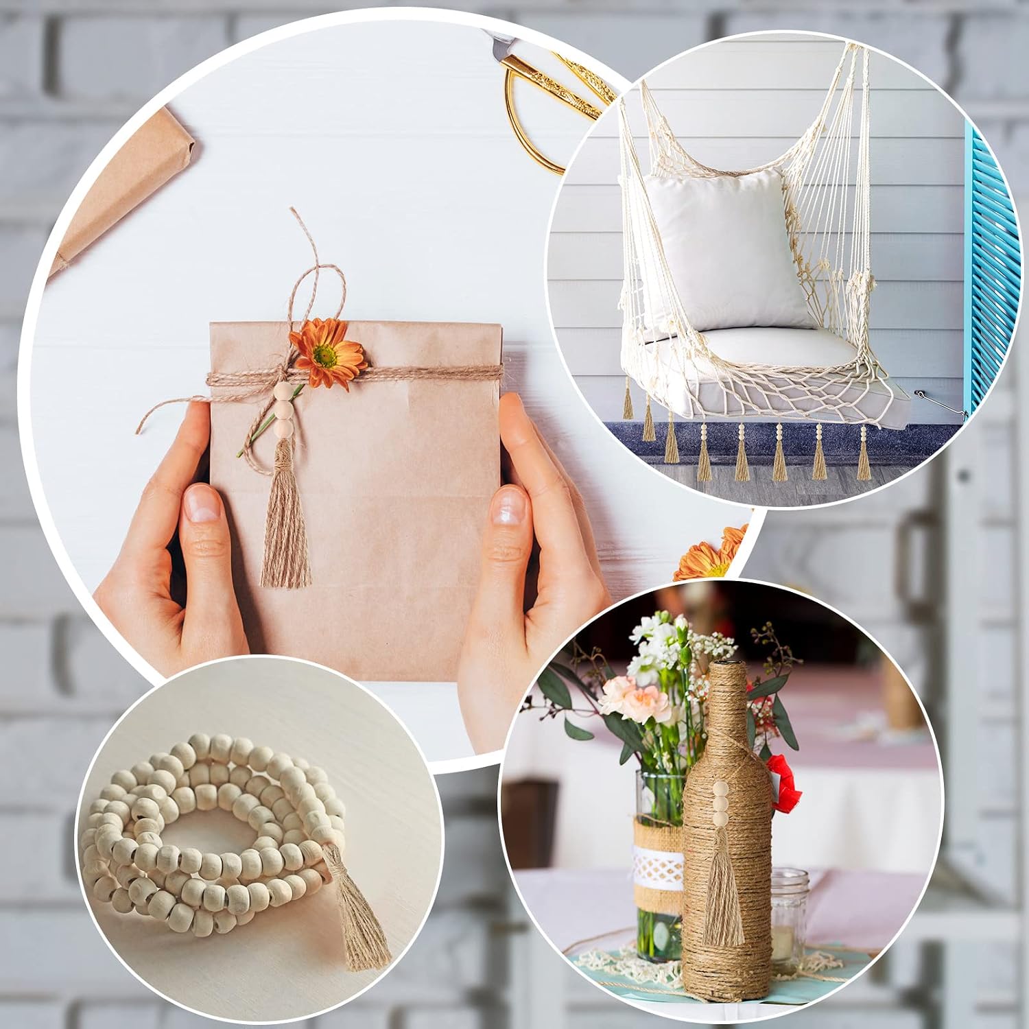 3 Wood Beads Jute Rope Burlap Tassels for Christmas Tree DIY Craft Wood Beads / Natural / Set of 40