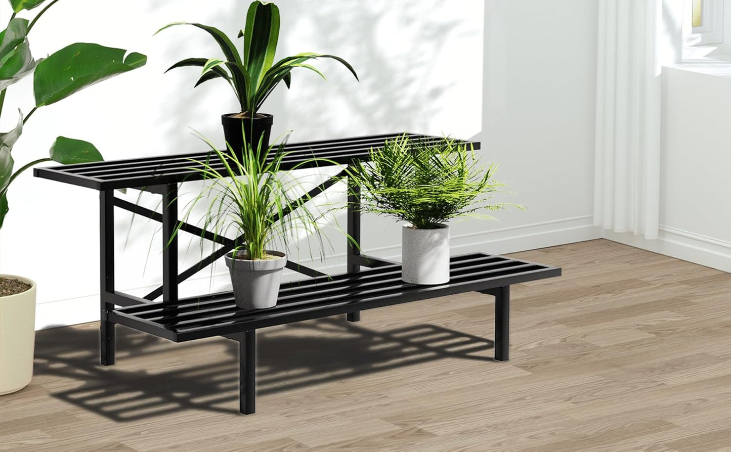 Zhongma 2 Tier Sturdy Metal Plant Stand Heavy Duty Plant Holder for Home Indoor and Outdoor, L35.43 x W17.5 x H14 inch