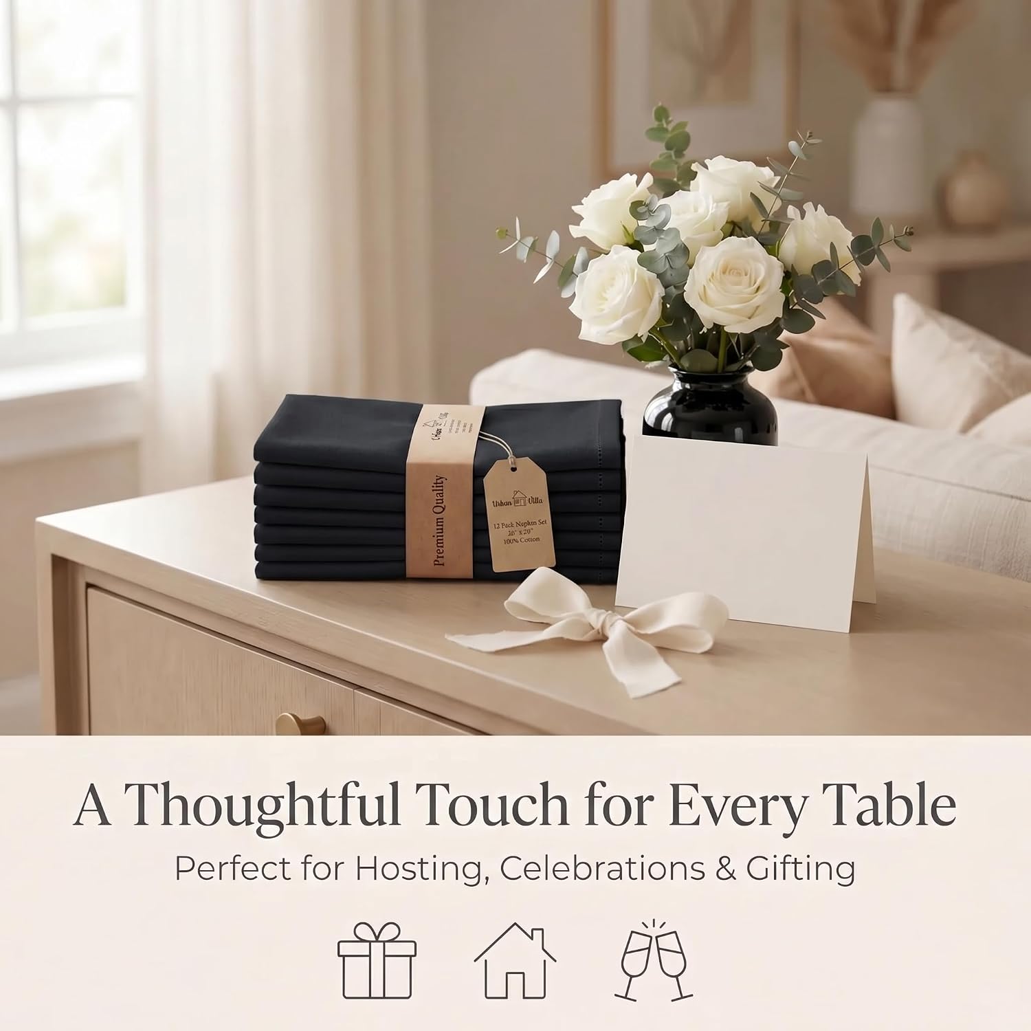 Urban Villa Cloth Napkins Cotton 20x20 (Set of 12) Black
