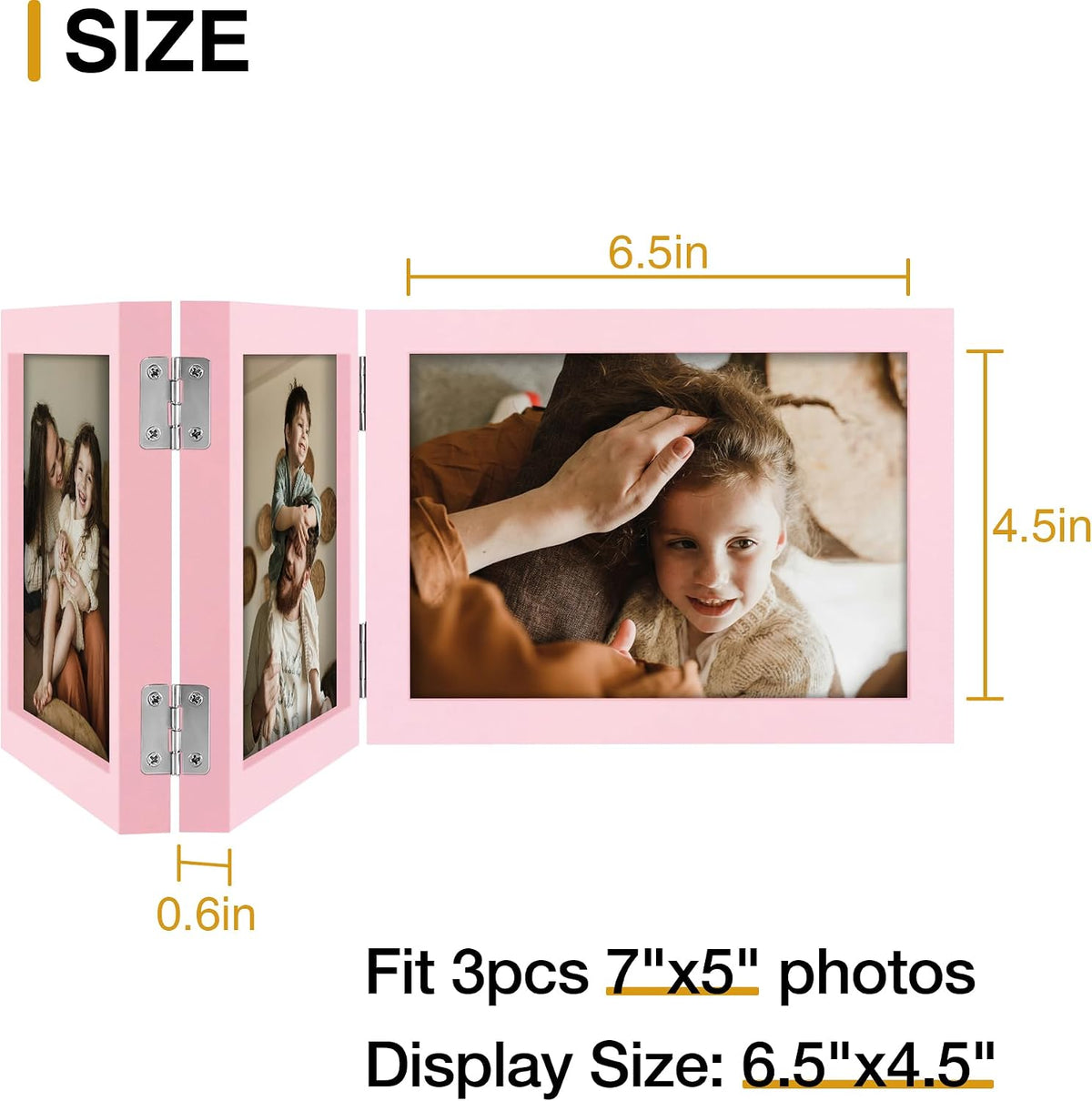 decorUhome Pink Triple 7x5 Picture Frame Horizontal, MDPK08 | "Z" Shape Folding Design Engineered Wood Trifold Photo