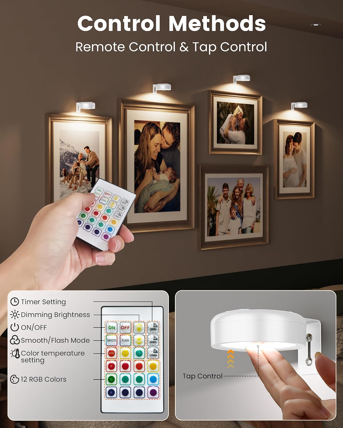 Picture Lights for Wall,Wireless 2000mAh Rechargeable Magnetic LED Puck Lights with Remote,3 Color Temps and 12