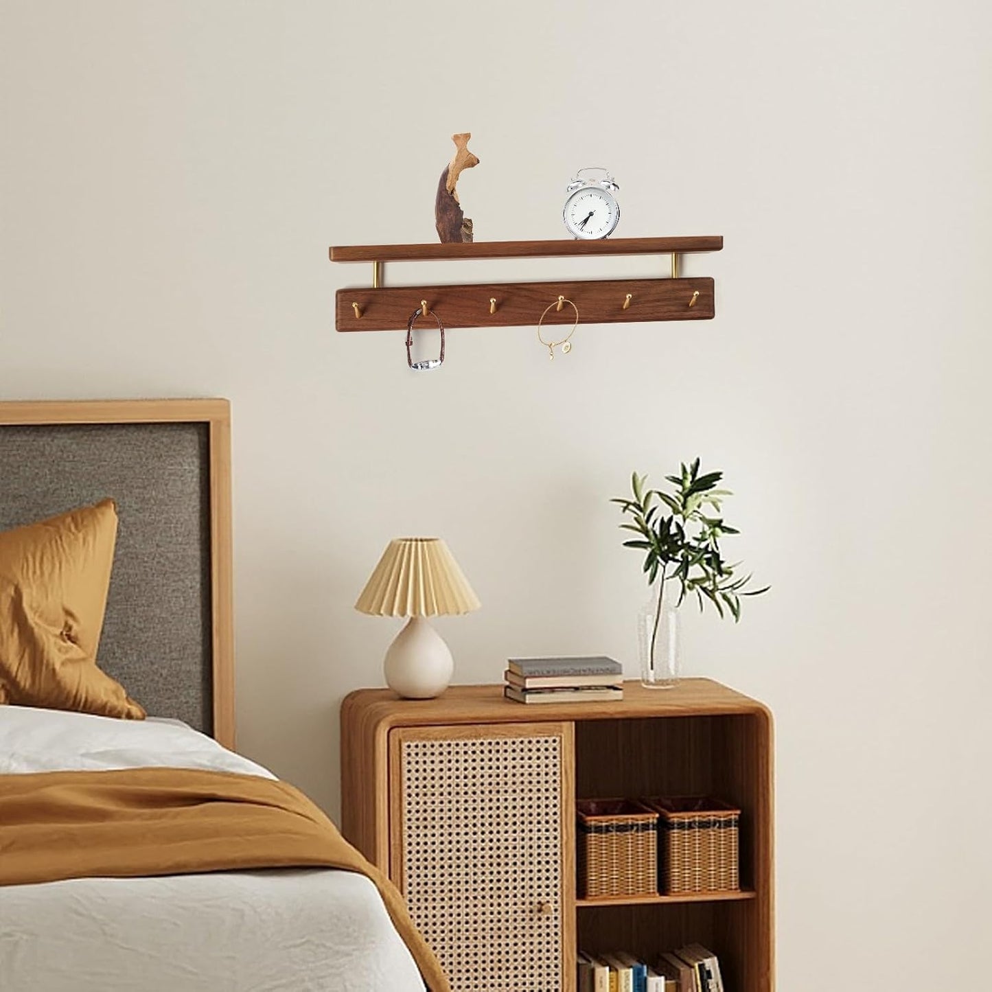 Solid Wood Shelf with Hooks, 19 inch Coat Rack Wall Mount, Shelves with 6 Brass Hooks for Hanging in Entryway, Living