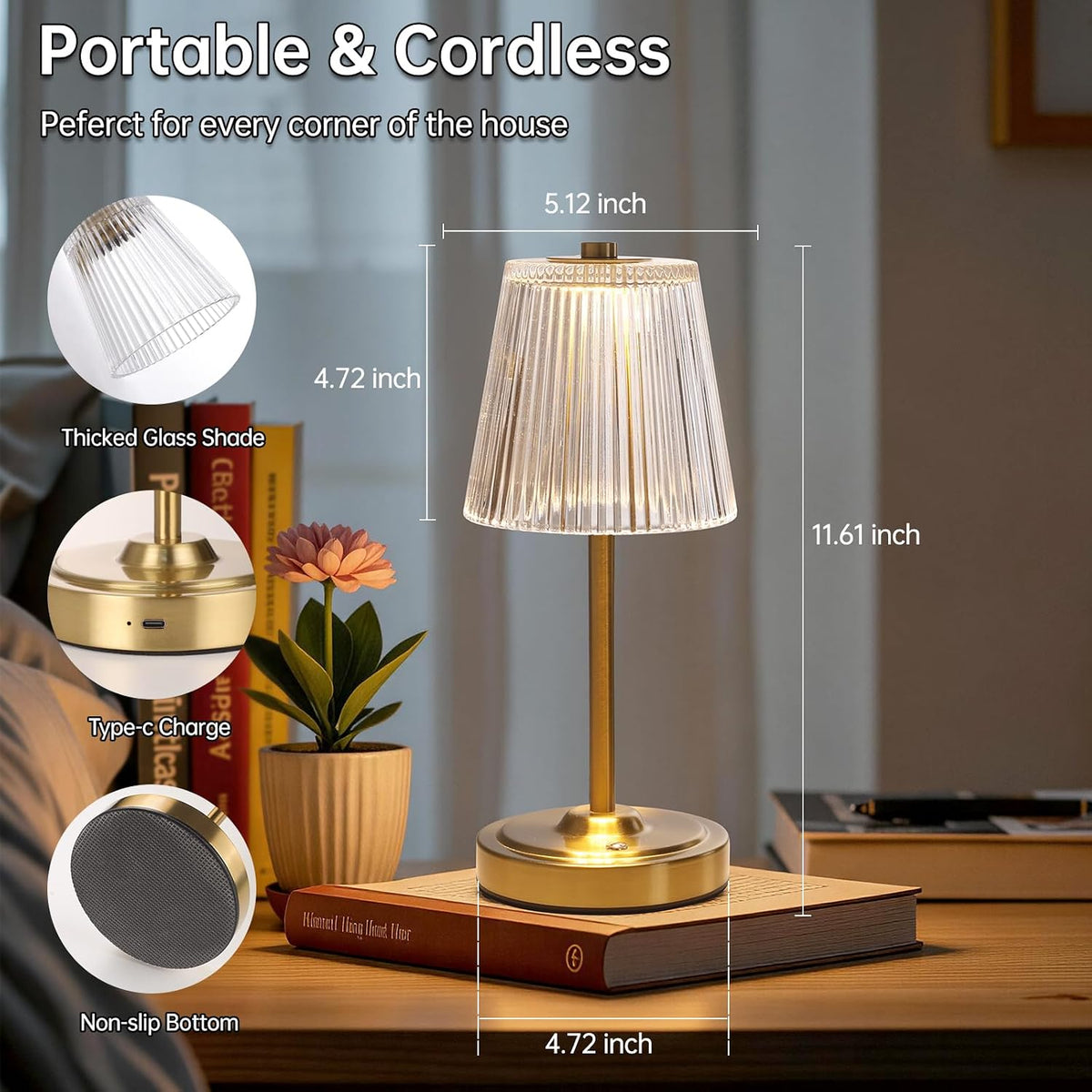 Shenmoyl Set of 2 Cordless Touch Table Lamp with 5200mAh Battery - 3 Adjustable Color Temperatures & Dimmable