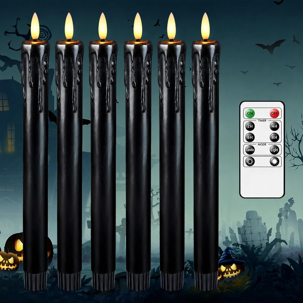 Lezonic Black Flameless Taper Candles Battery Operated with Remote, Long LED Candlesticks Flickering Real Wax Set of 6, 9.5 inch Battery Candles with Realistic 3D Flame for Halloween Decorations