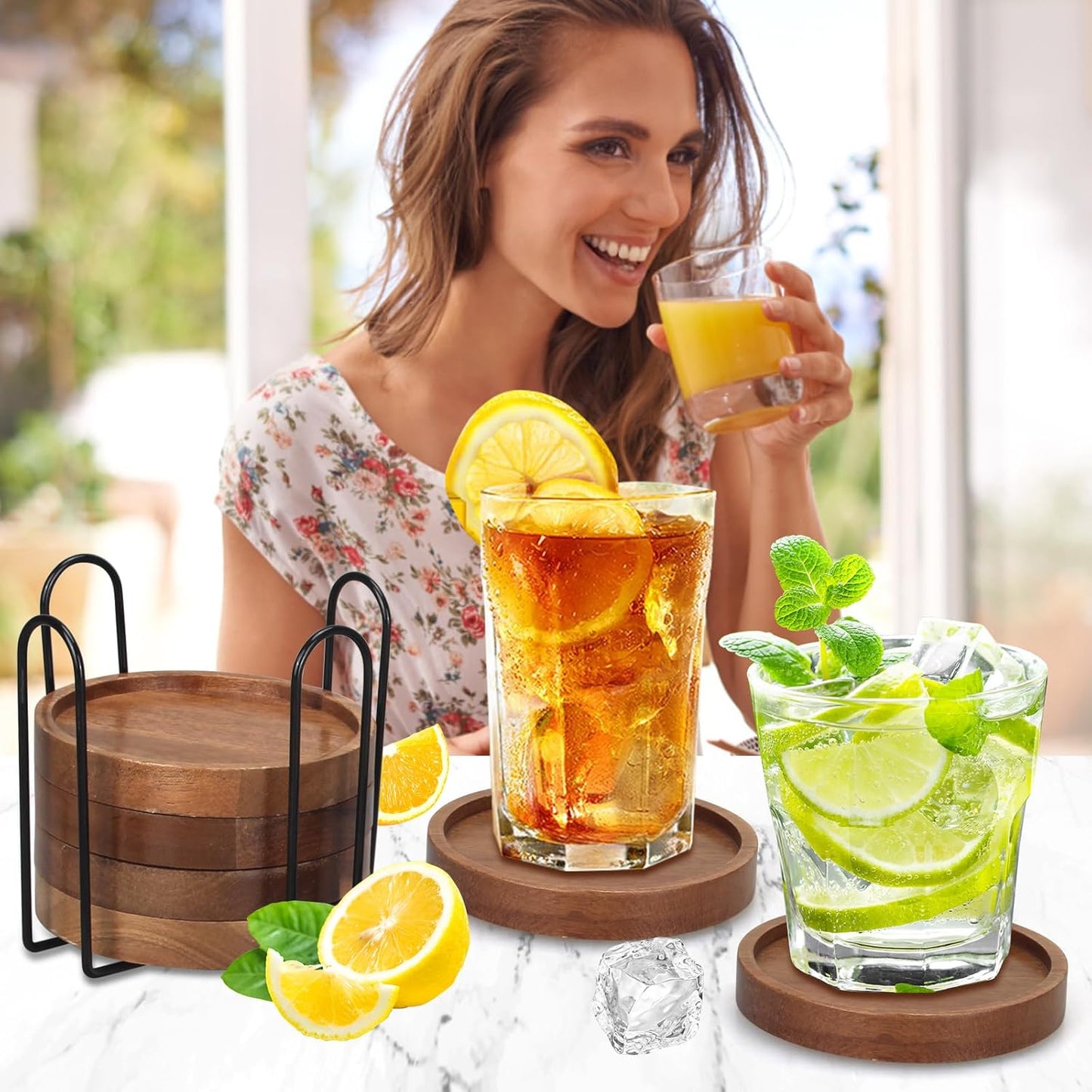 Holder Coffee Table Decor Acacia Wood Coaster Set Modern Cup Coaster for Drink / Round / Set of 6