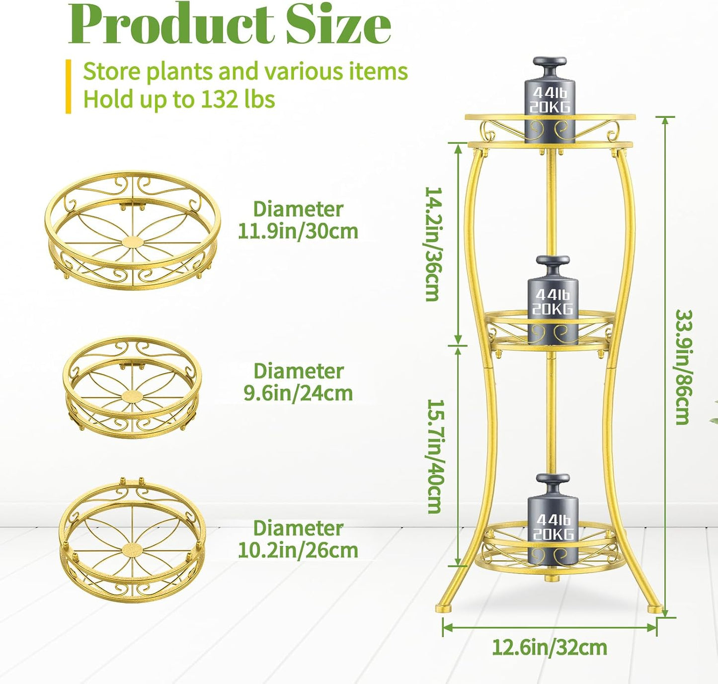iDavosic.ly 3 Tier Metal Plant Stand Outdoor Indoor, 34 Inch Tall, Gold | Corner Flower Pot Holder Shelf, Wrought Iron