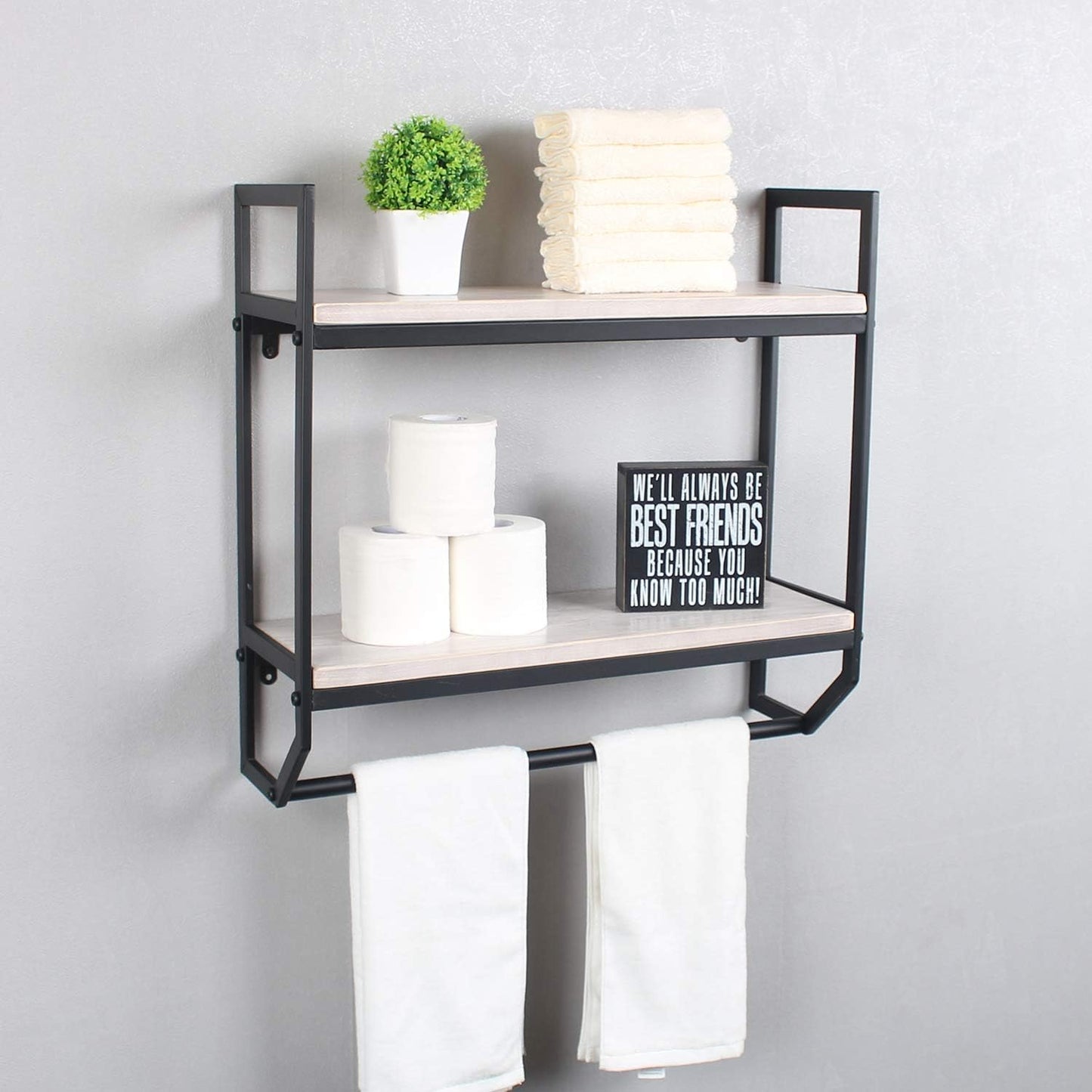 2-Tier Metal Industrial 23.6" Bathroom Shelves Wall Mounted,Rustic Wall Shelf Over Toilet,Towel Rack with Towel