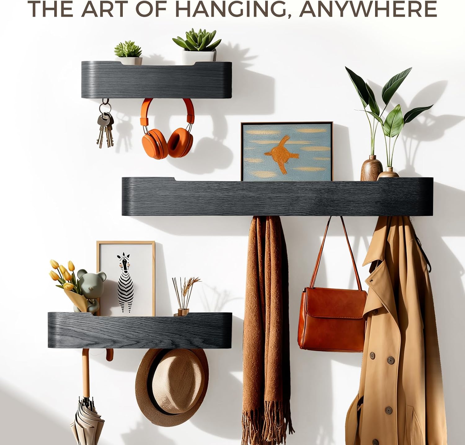 Shelf Entryway Shelf Modern Key Holder Hanger Wall Shelves / Black / 5 Hooks