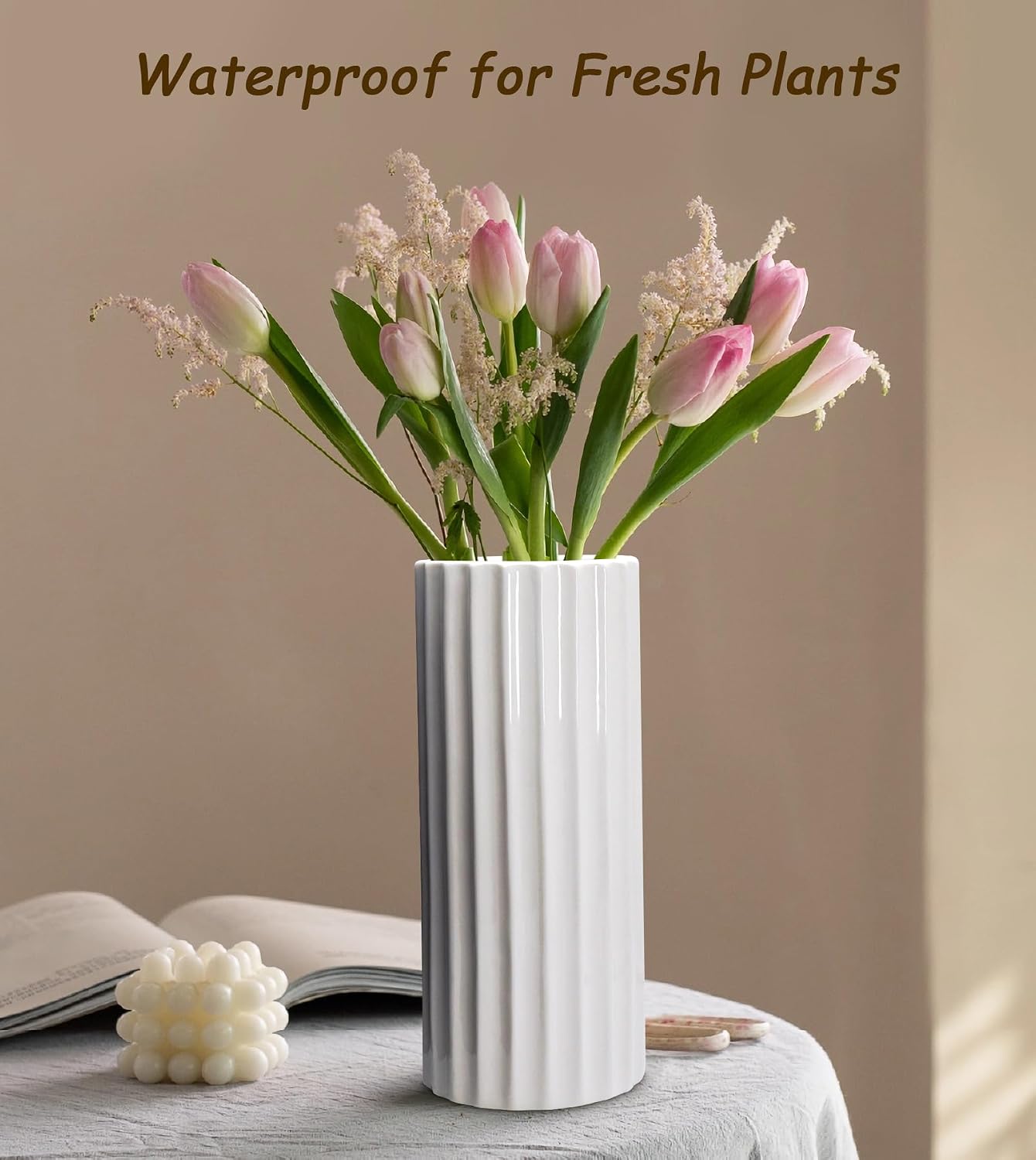 Glazed Ceramic Vase Ribbed Minimalist Waterproof Flower Vase / Straight Cylinder / White