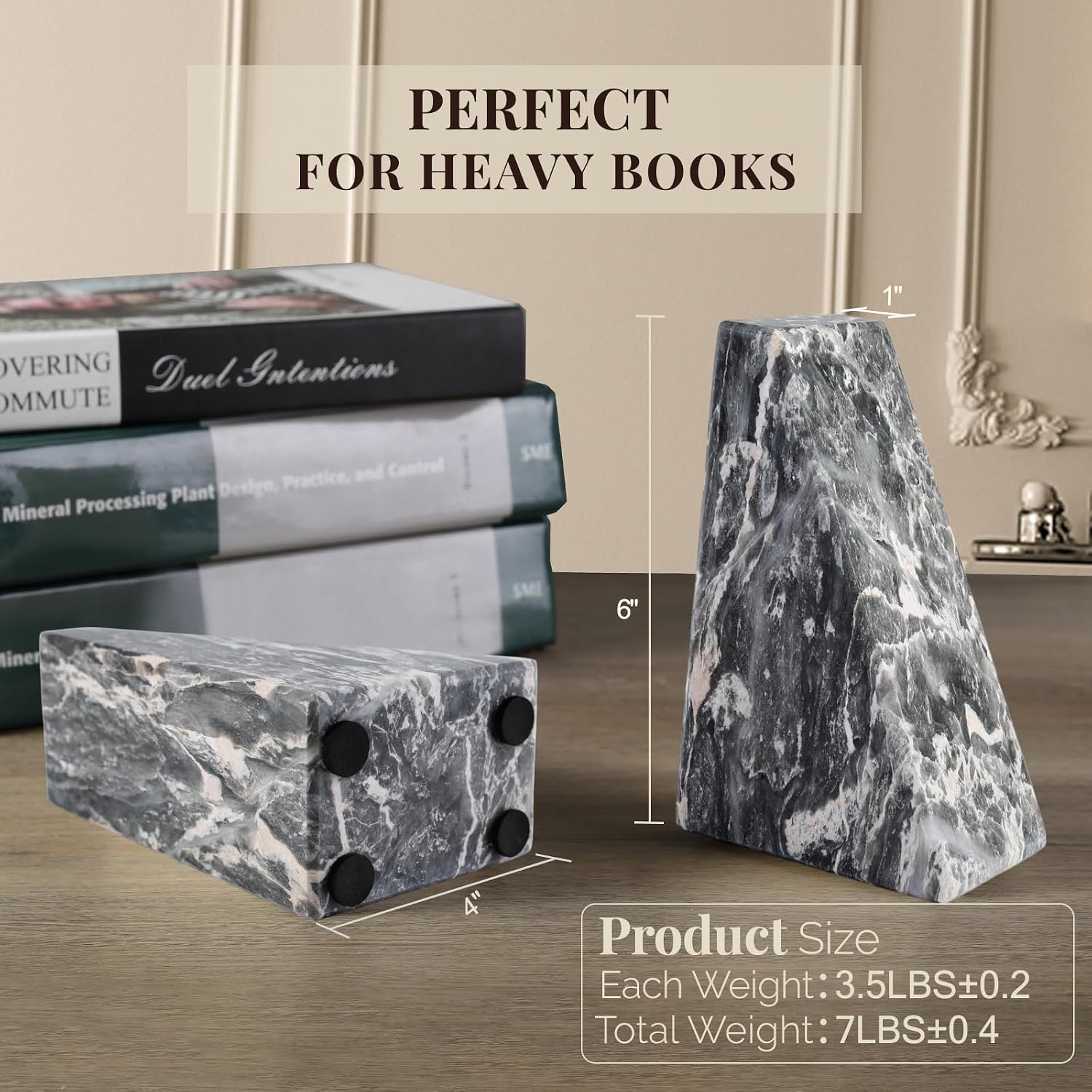 Marble Bookends / Large Bookends for Heavy Books / Gray