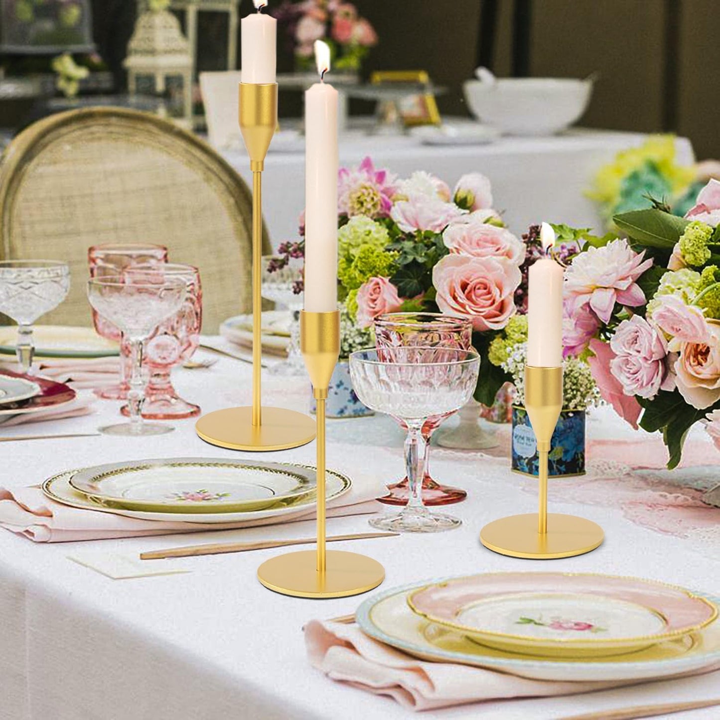 Matte Gold Candle Holders Bulk Painted Gold Metal Candlesticks Fit 0.8 Inch Taper Candles Decorative Metal Candelabra