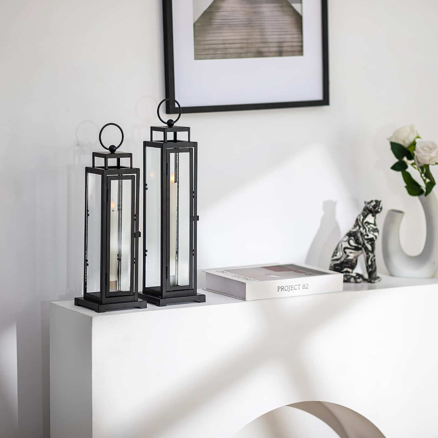 Black Lantern Decorative Indoor, with LED Taper Candles | 15" & 13", with Glass, Waterproof Outdoor Metal Lanterns, Set