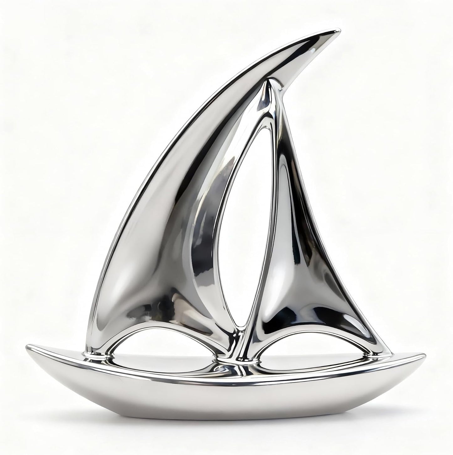Mirror-Finish Nautical Coastal Boat Figurine / Electroplated Silver