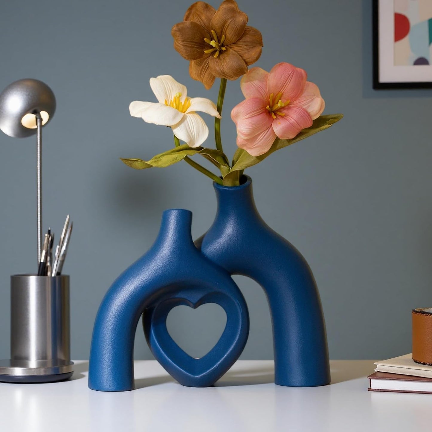 Snuggle Hollow Decorative Ceramic Vase / Heart - Navy Blue / 8.3 Inch