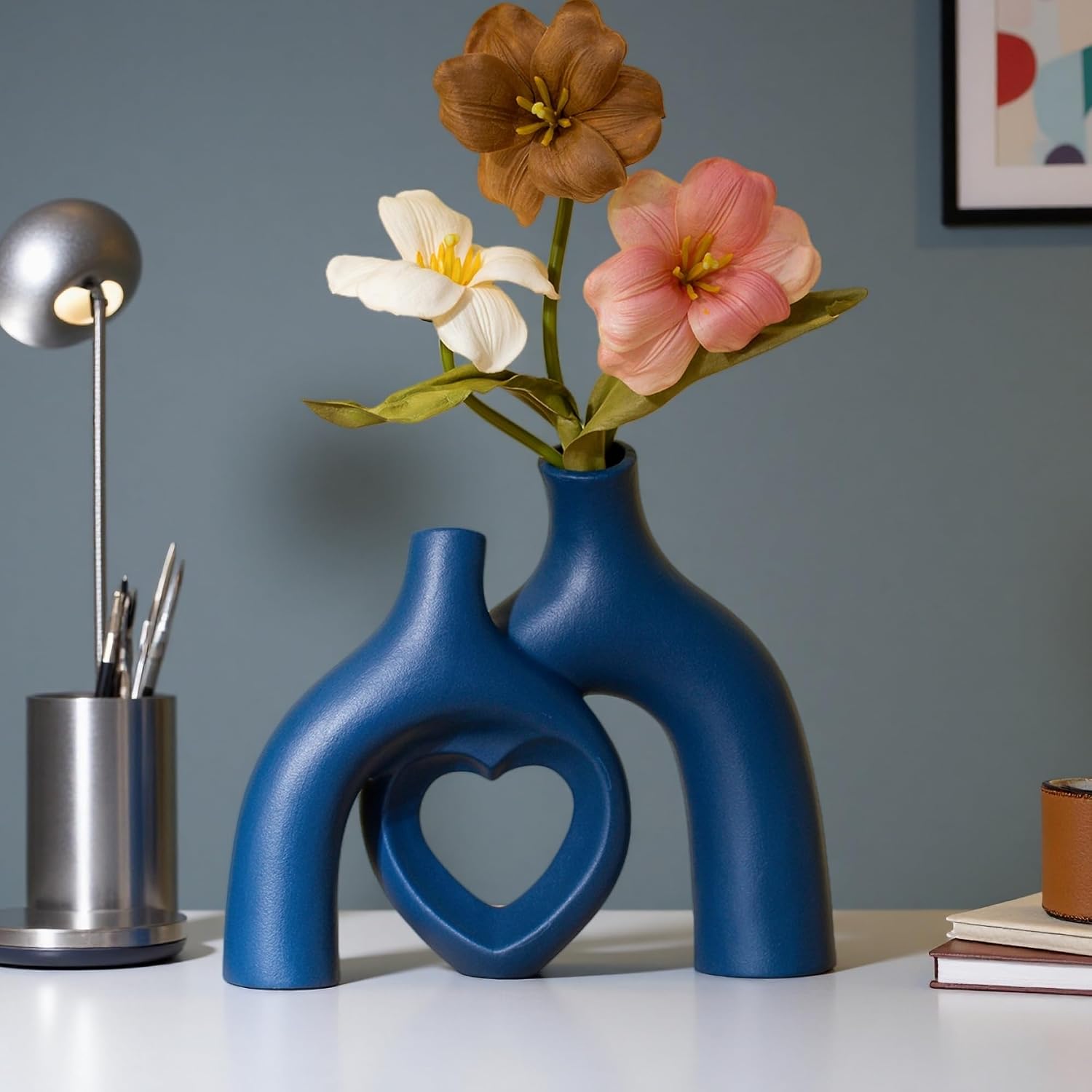 Snuggle Hollow Decorative Ceramic Vase / Heart - Navy Blue / 8.3 Inch
