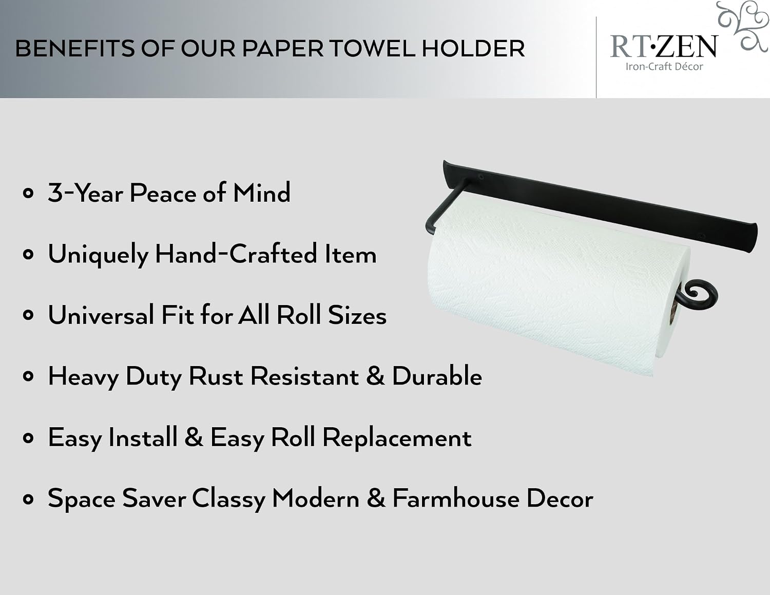Horizontal Black Paper Towel Holder, Stylish Home Accent Countertop | Handcrafted, Rustic Metal, Decorative Wrought