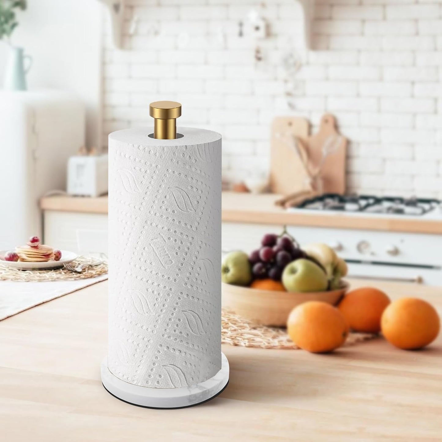 Gold Paper Towel Holder, with Anti Slip Weighted Marble Base | Stainless Steel, One Handed Operation, Countertop Towel