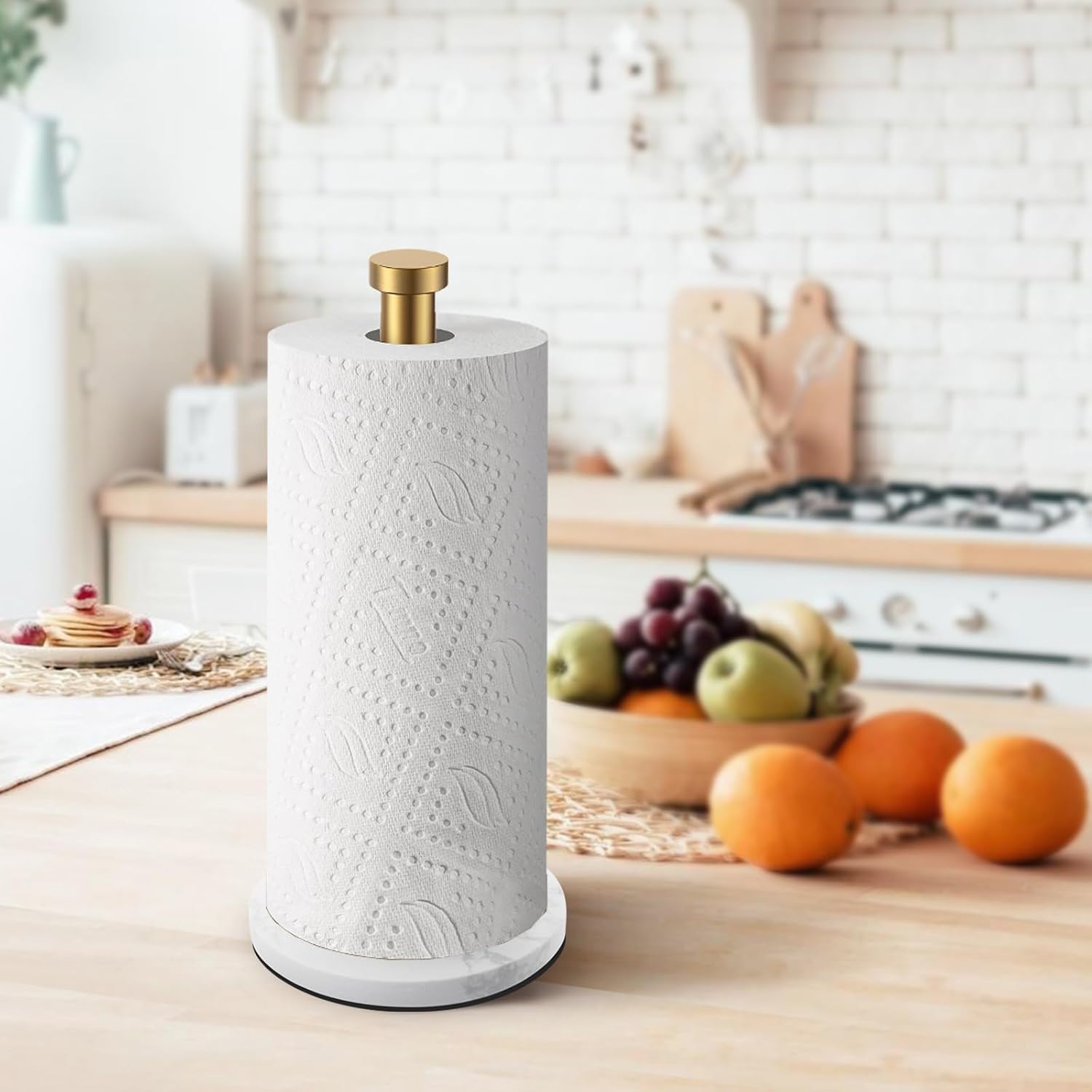 Gold Paper Towel Holder, with Anti Slip Weighted Marble Base | Stainless Steel, One Handed Operation, Countertop Towel