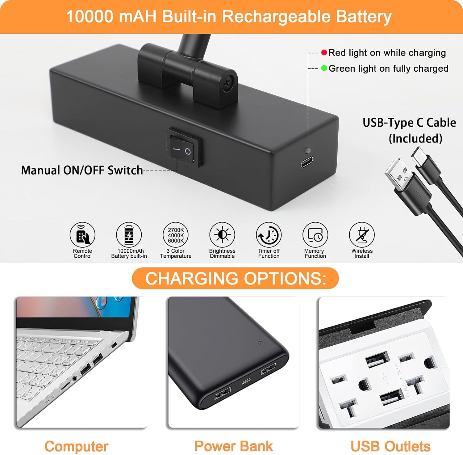 Tassuowell Picture Light Battery Operated with Remote, 3CCT Dimmable Picture Light for Paintings, Black Rechargeable 24
