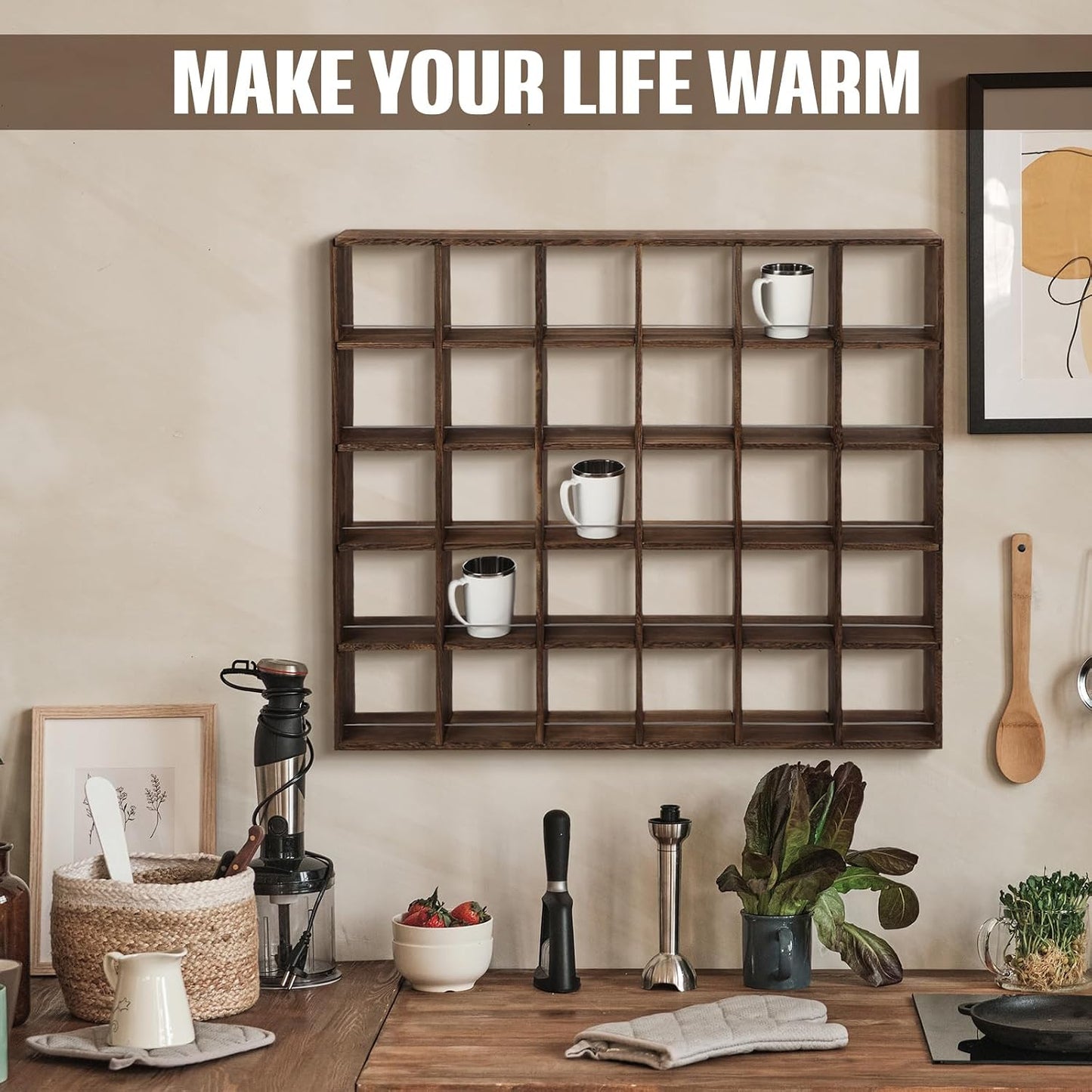 Oversize Coffee Mug Display Rack Wooden Shelves Rustic Shot Glass Display Case Travel Mug Shelf Wall Mounted Rack