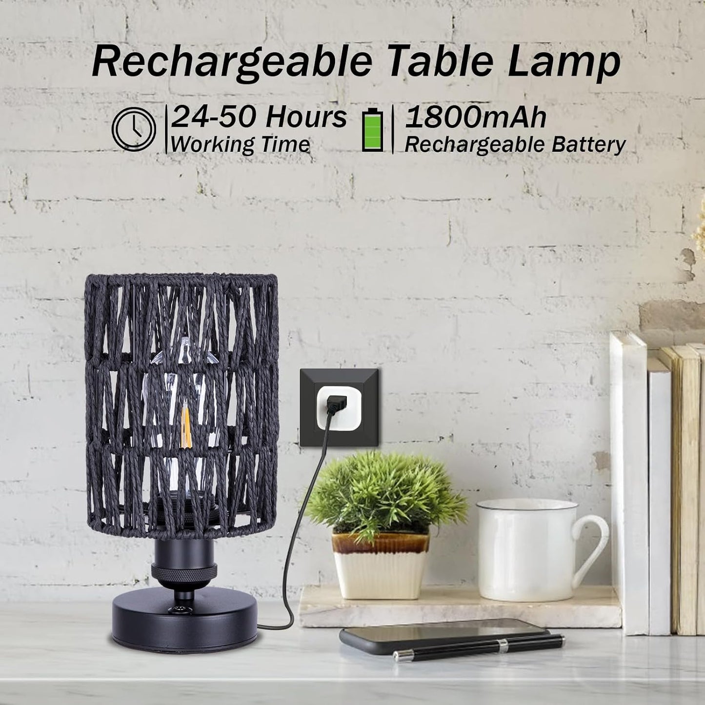 Cordless Rechargeable Outdoor Table Lamps, Battery Operated Table Lamp, Stepless Dimmable for Patio, Living Room, and