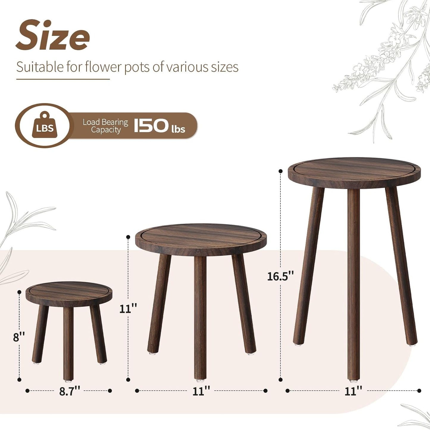 Mid-Century Modern Plants Stool / Dark Brown / 12 Inch / Set of 3