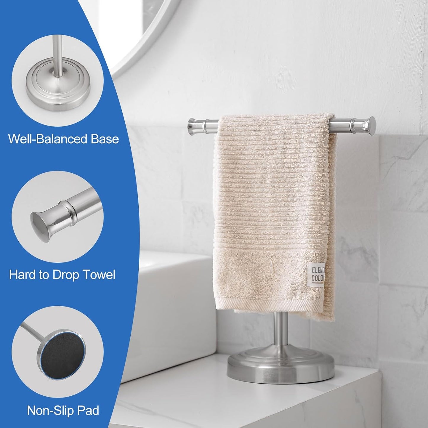 RUMOSE Brushed Nickel Hand Towel Holder Stand Countertop Towel Rack | 13 Inch Bathroom Kitchen Vanity T-Shape Towel
