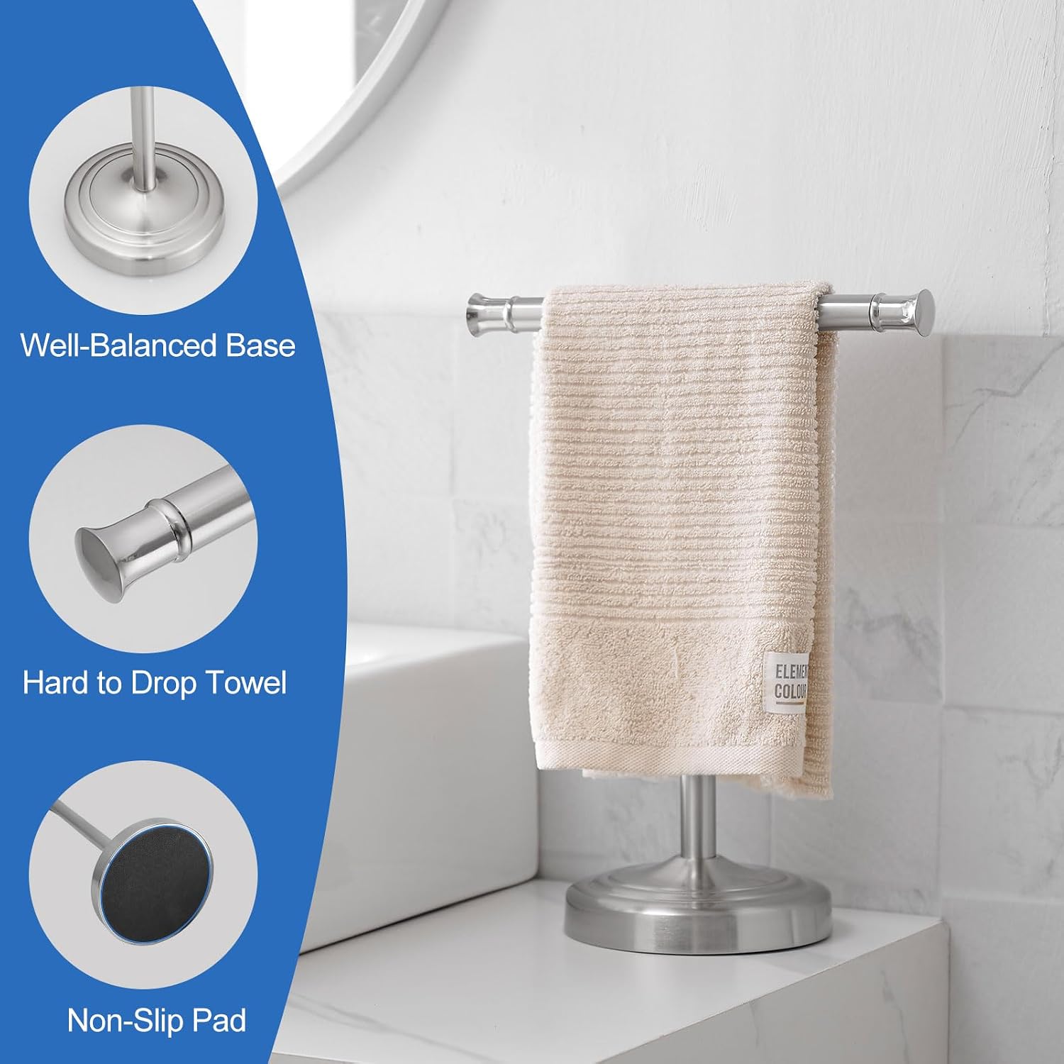 RUMOSE Brushed Nickel Hand Towel Holder Stand Countertop Towel Rack | 13 Inch Bathroom Kitchen Vanity T-Shape Towel