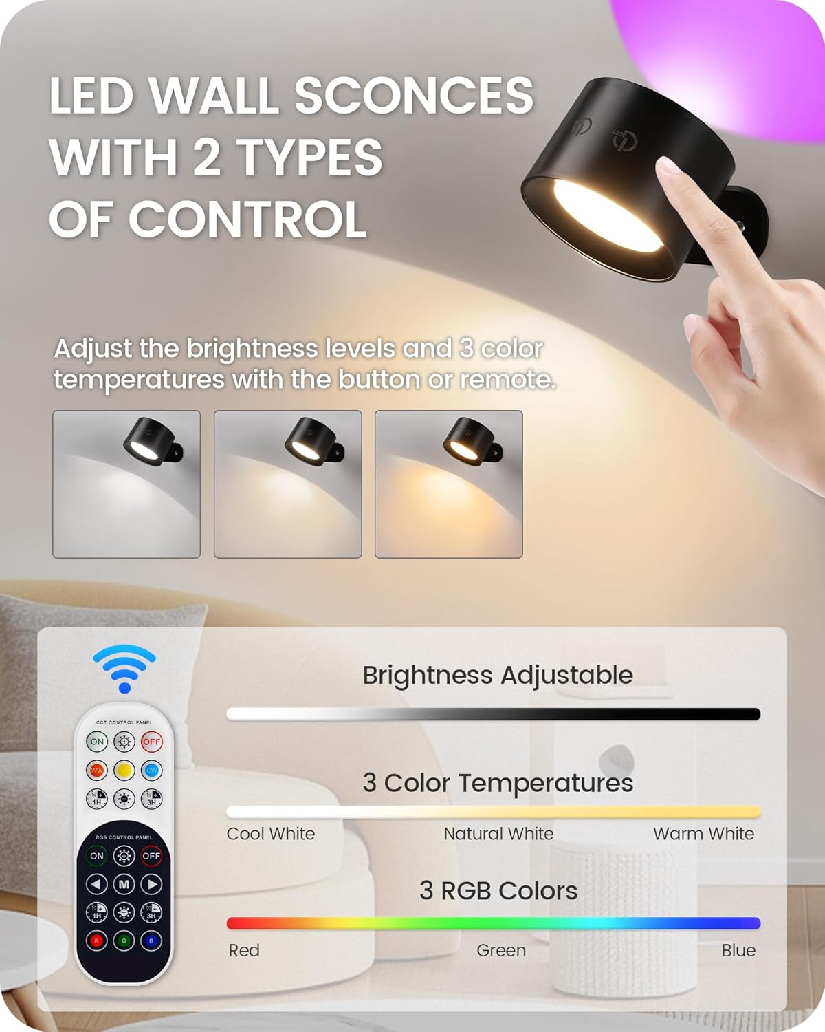 Battery Operated Wall Sconces 4 Pack, Rechargeable Wall Sconce with Remote Control, 3 Color Temp & 3 RGB & Dimmable