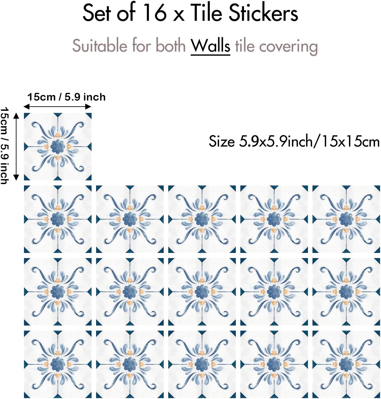 Gold Tile Decals / Blue / 5.9 Inch / Set of 16