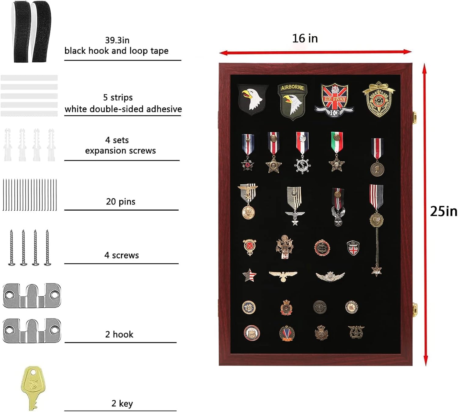 VERANI Pin Display Case Badge Display Frame Oversized Mahogany | Flexible layout arrangement,Premium real clear glass