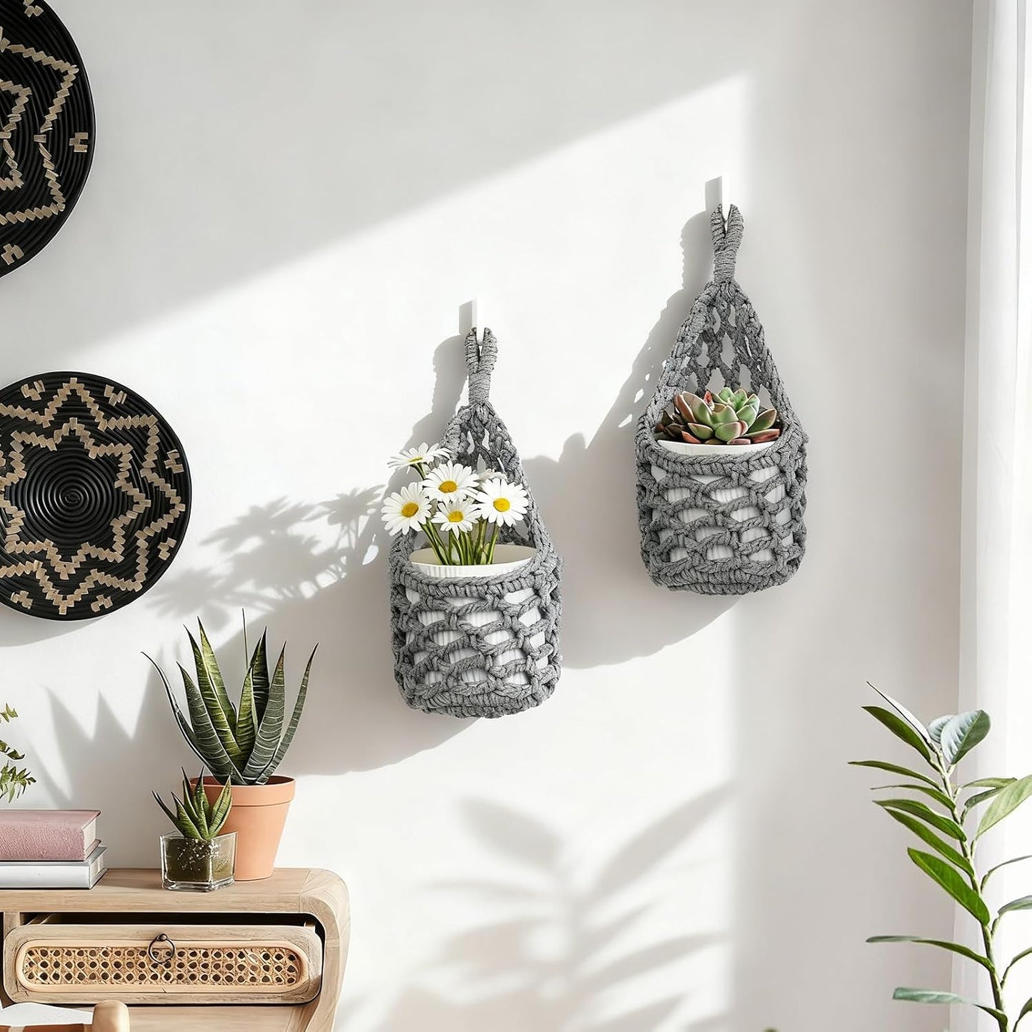 Macrame Wall Plant Hanger / Gray / 4-inch / 4 Inch