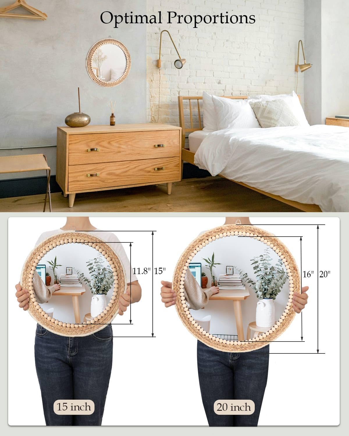 Boho Round Hanging Rattan Circle Nursery Mirror / 15"L x 15"W