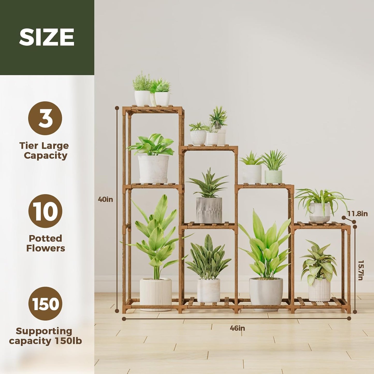 Bamworld Tall Plant Stand Indoor Wood Plant Shelf Outdoor Tiered Plant Rack | for Multiple Plants 4 Tiers 10 Pots
