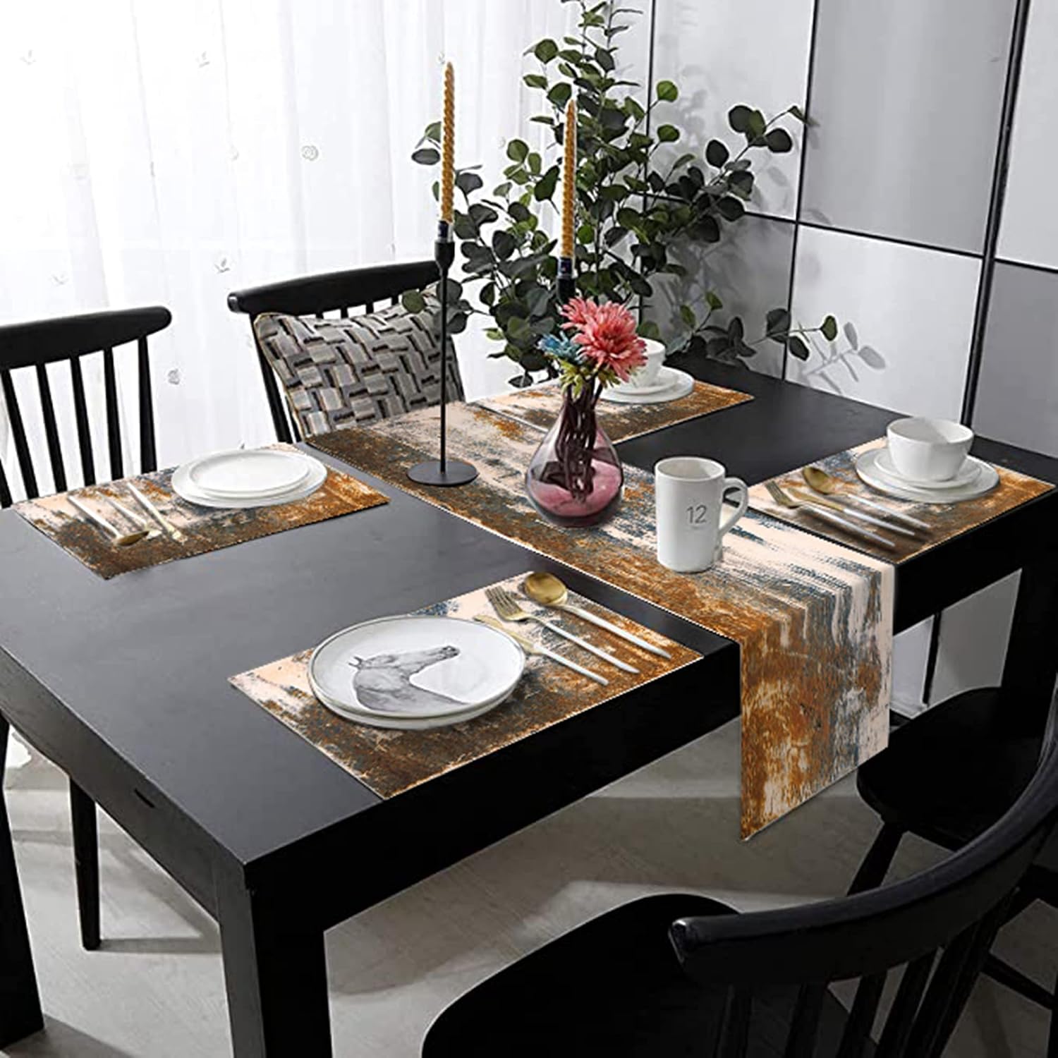 Black Grey Abstract Table Runner and Placemats Set, Linen 108" Long | Retro graffiti art painting style. Washable linen