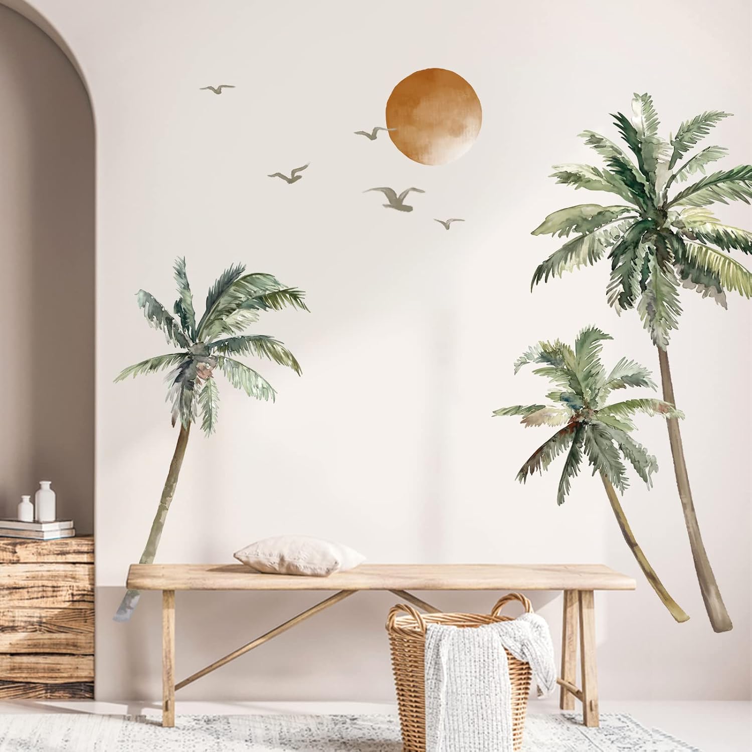 Boho Palm Tree Wall Stickers Large Tropical Tree Sunset Peel and Stick Wall Art Decals / A