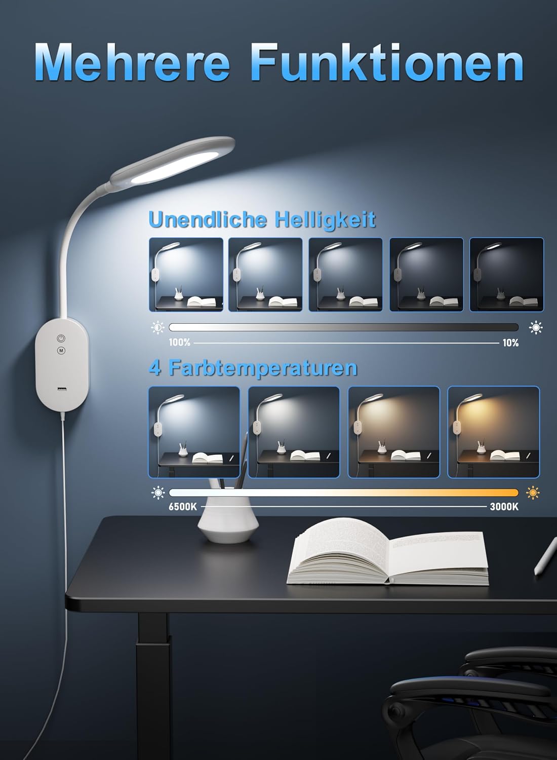 Wall Mounted Reading Light, Book Lights for Reading in Bed with CRI 95+ for Eye Care, 4 Color 5 Dimmable, 2A USB
