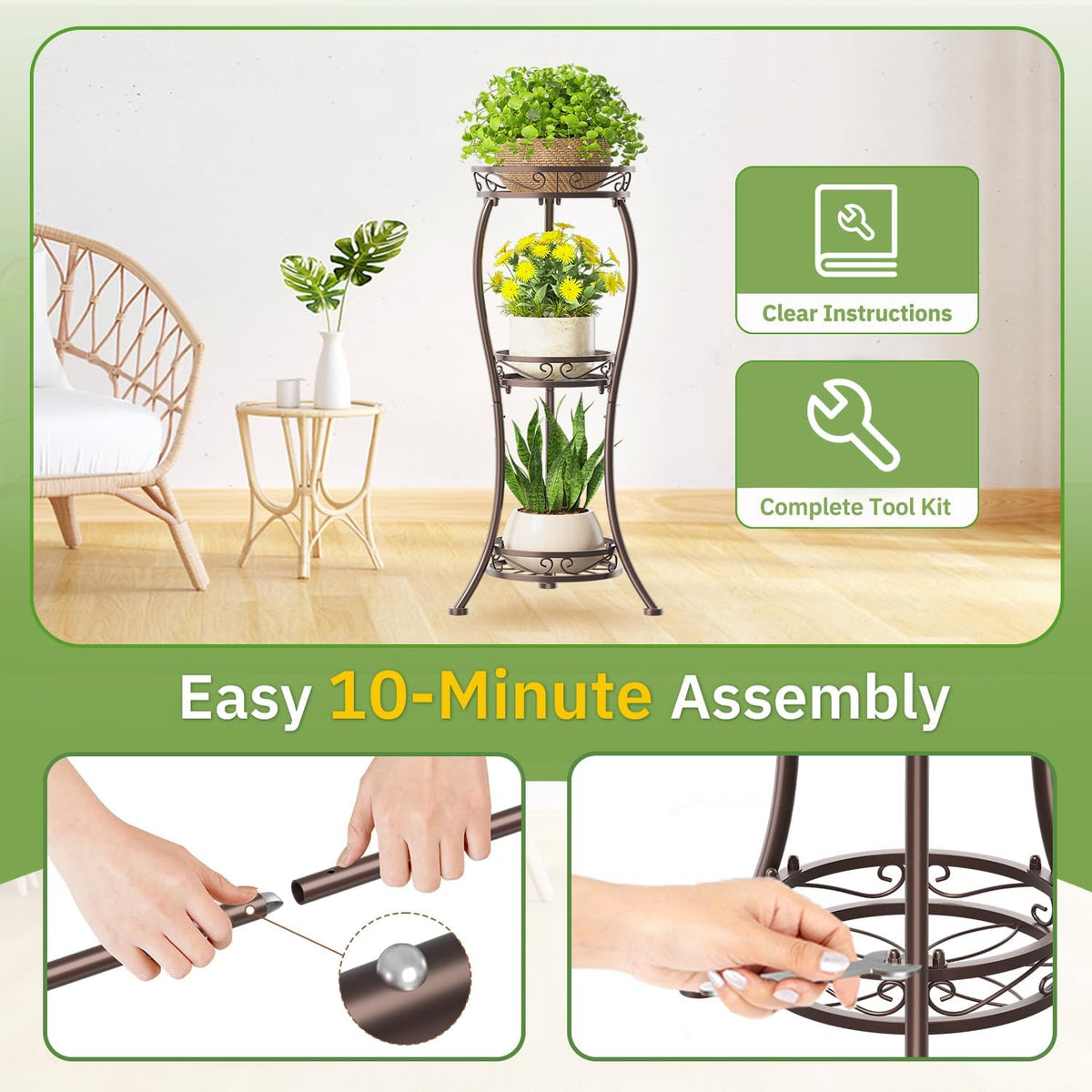 KMOTASUO Metal Plant Stand Tall for Indoor Outdoor Corner, 3 Tier Bronze | Heavy Duty Flower Holder Rack, Modern