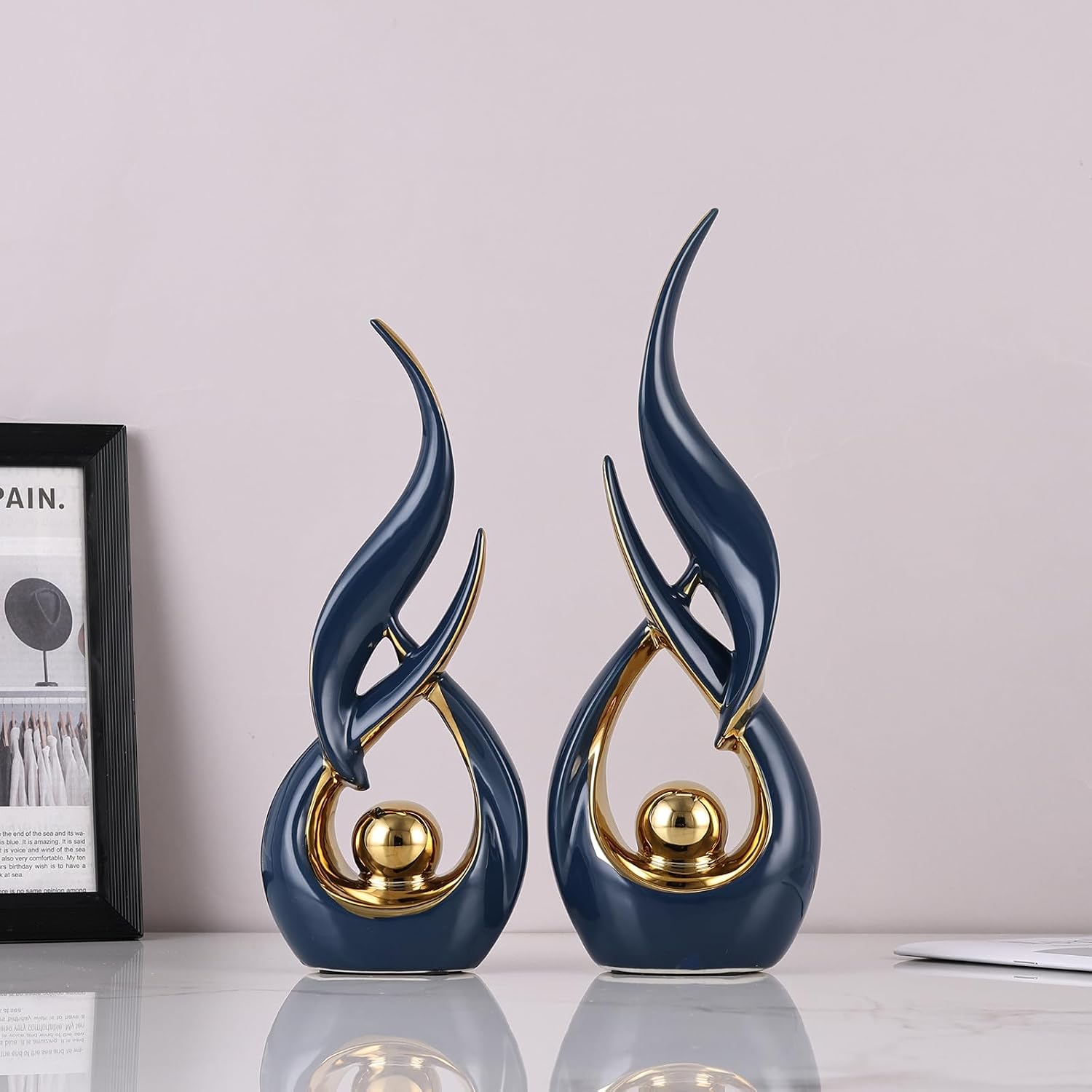 Ceramic Statues / Modern Abstract Art Sculptures / Blue Gold / Set of 2