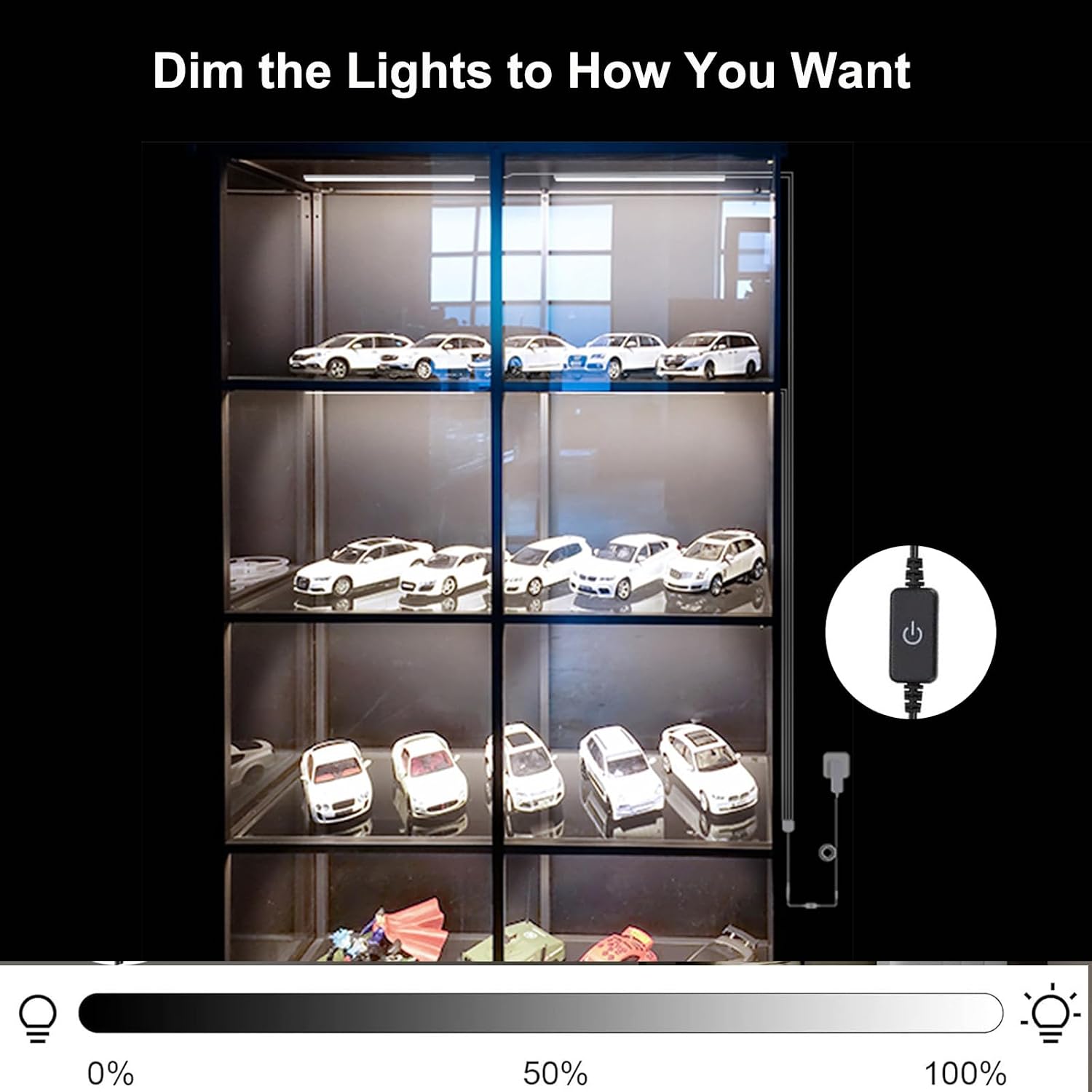 Martronic 4-Pack 12 Inch LED Display Case Lighting Kit, Black Dimmable Bookshelf Light Bars with 12V Power Adapter