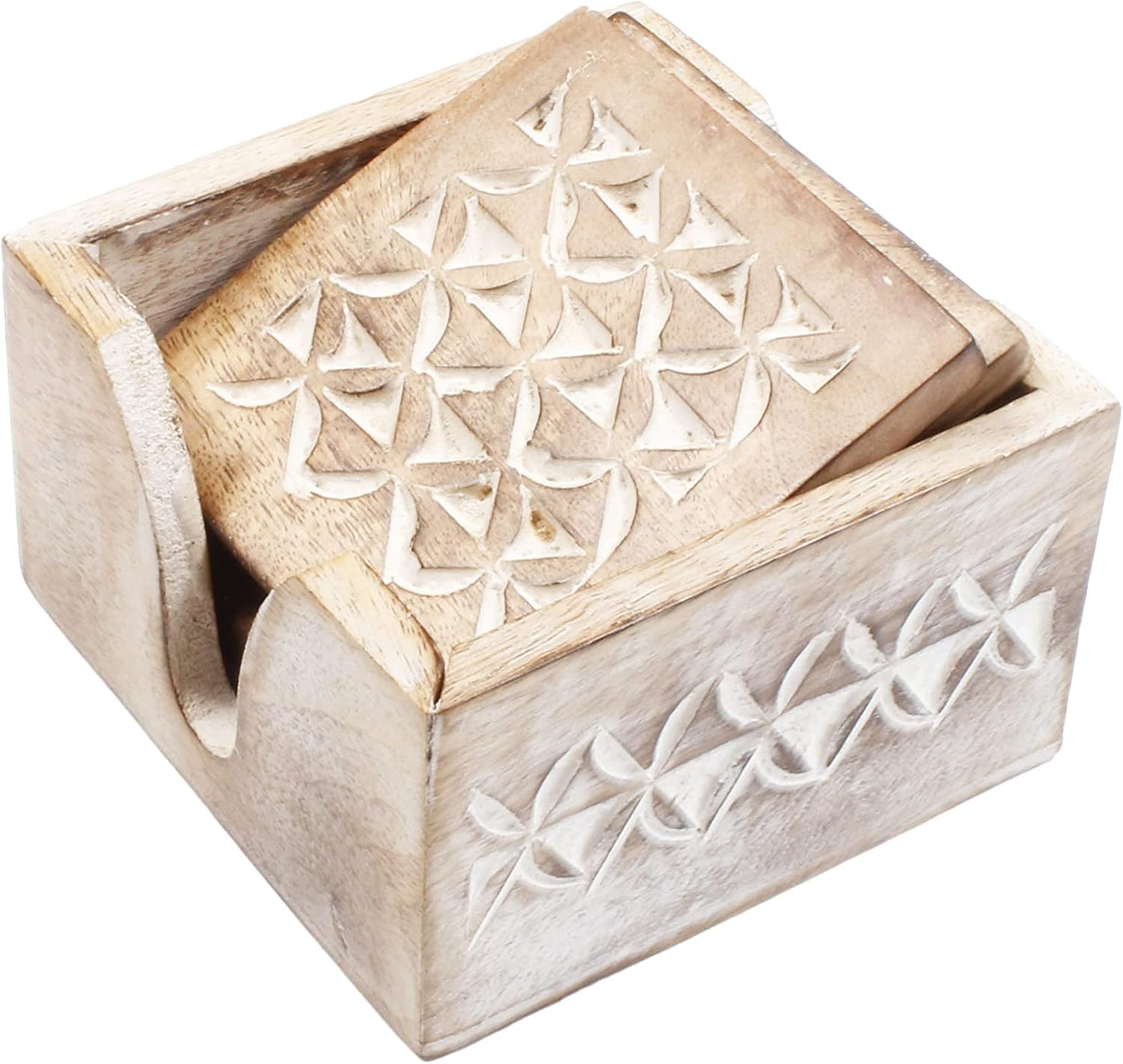Holder Stand / Wooden Whitewash Coasters / Design4 / White / Set of 6