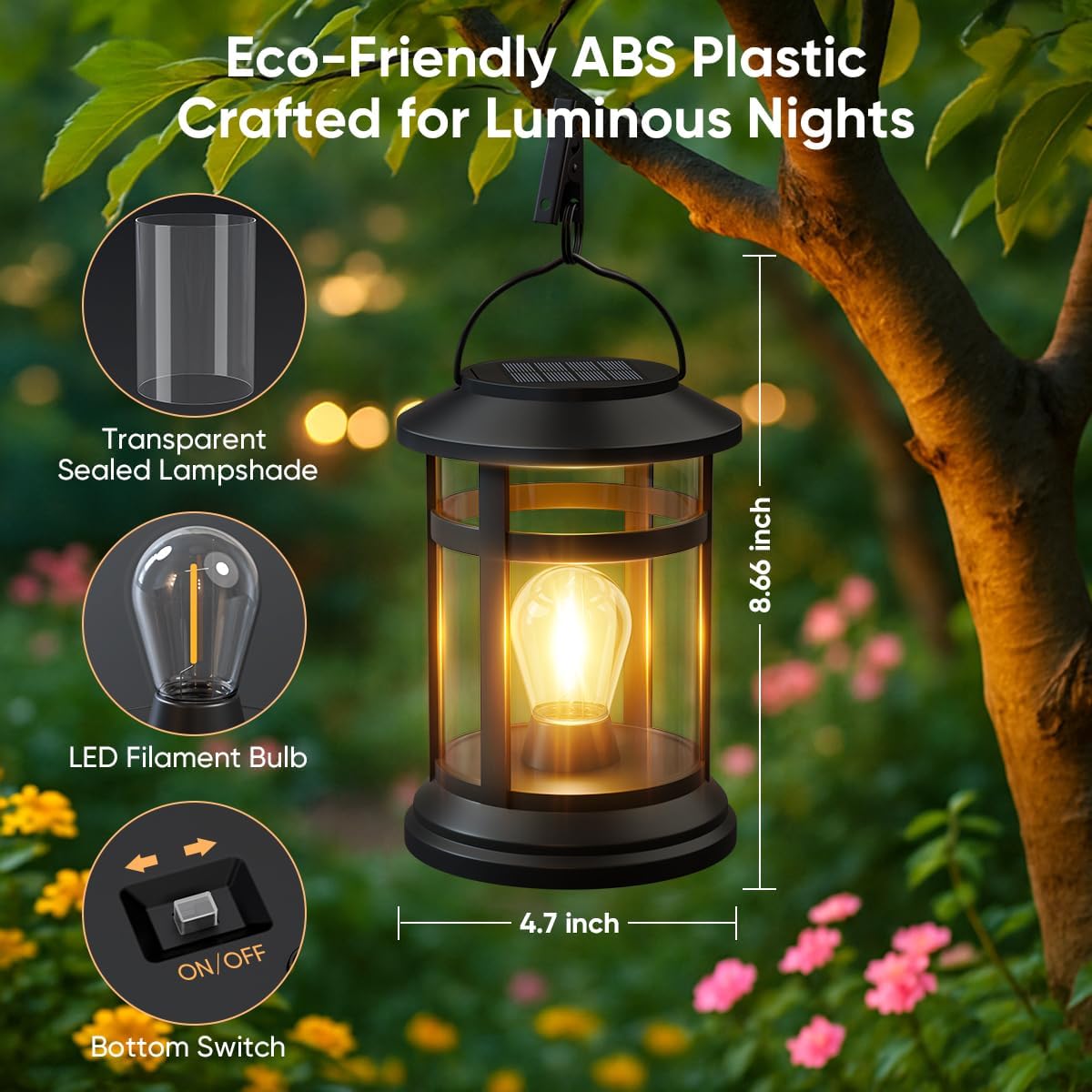 Solar Lanterns Outdoor Waterproof: 2 Pack Hanging Solar Lights for Outside | Solar Powered, 800 mAh Battery, Bright LED