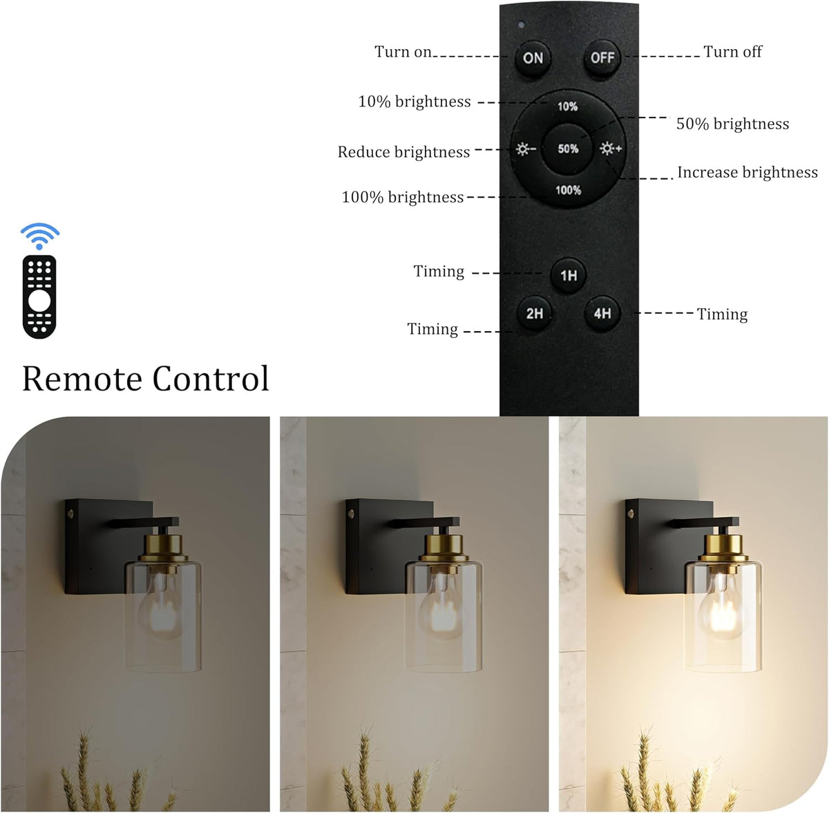 Wireless Battery Operated Wall Sconce Set of Two with Remote Control | Black & Gold Dimmable Rechargeable Wall Lights
