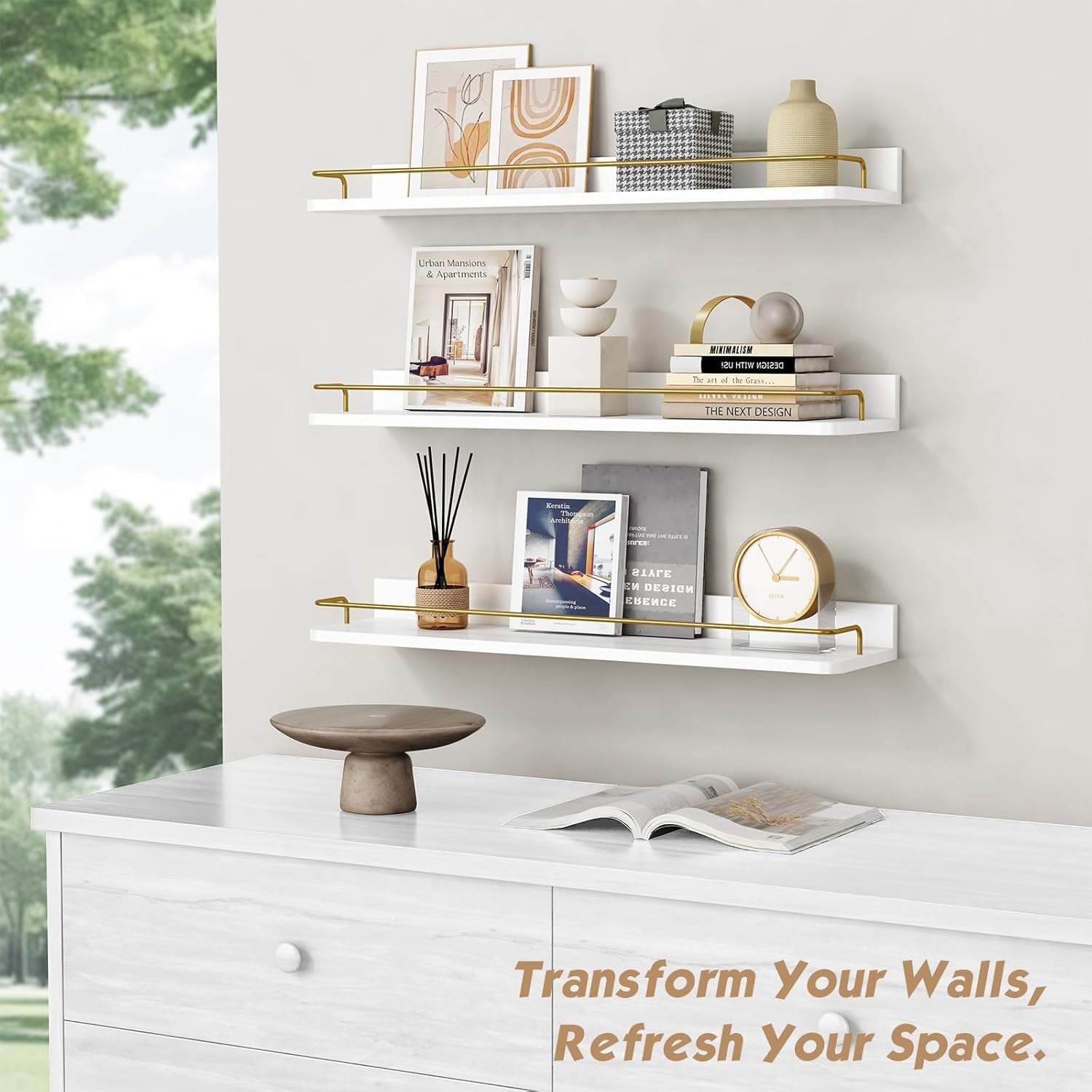 Forbena 24 Inch Bathroom Floating Shelves for Wall Set of 3, Gold Bathroom Shelves Over Toilet Wall Mounted with Rail
