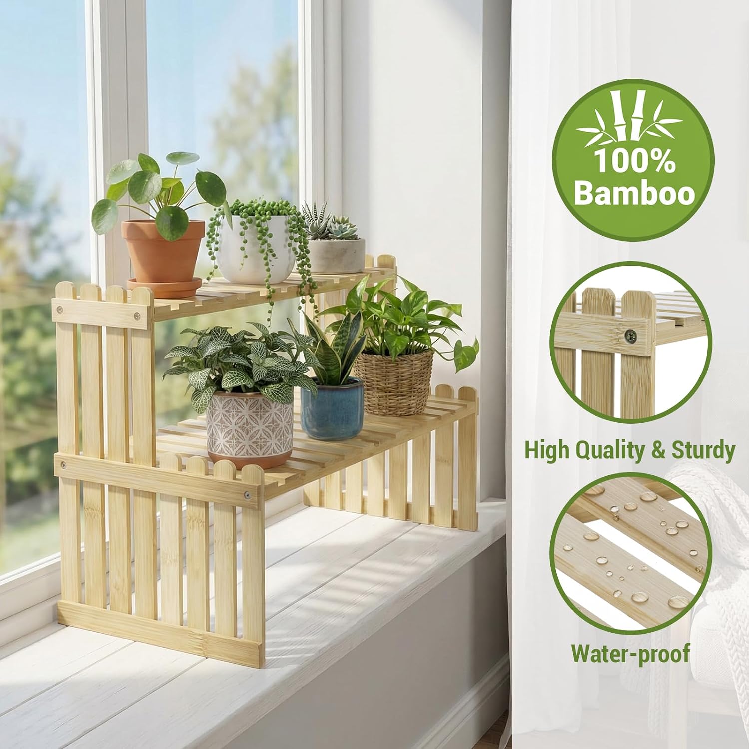 MyGift Bamboo Desktop Plant Stand, 2 Tier Slatted Shelf Organizer Rack | Natural bamboo stand adds two tiers for