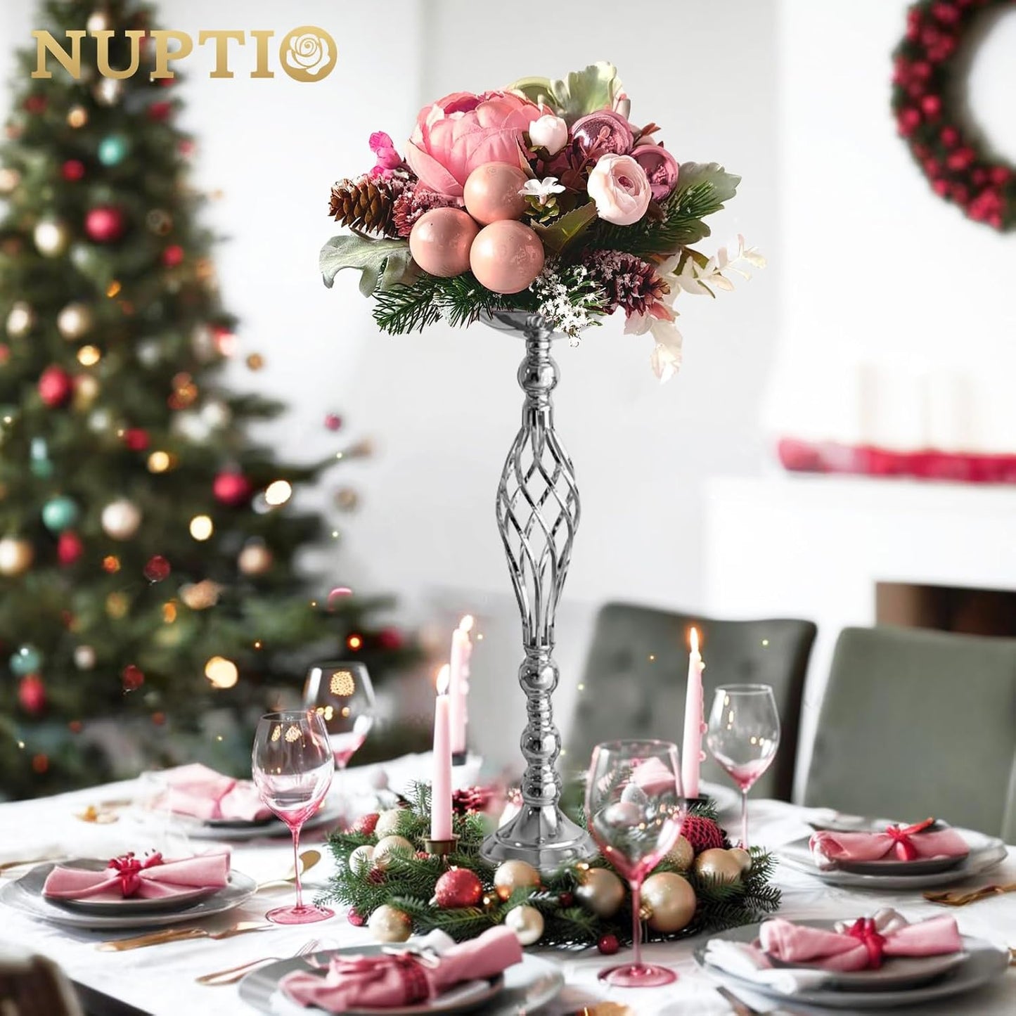NUPTIO Silver Centerpiece Stand for Table, Twist Style, 22.8" Tall, 2 Pcs | Versatile Flower Arrangement, Candle Holder