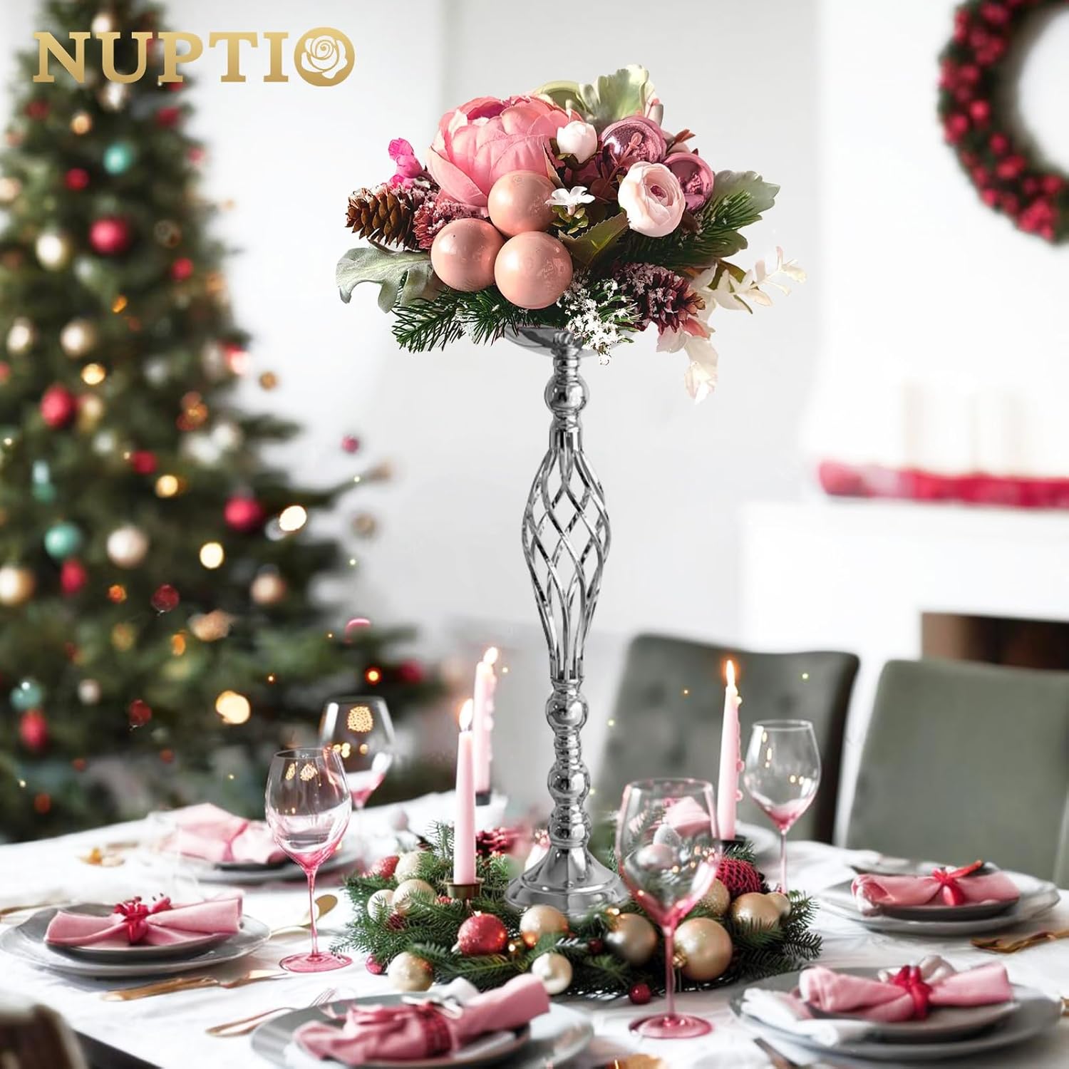 NUPTIO Silver Centerpiece Stand for Table, Twist Style, 22.8" Tall, 2 Pcs | Versatile Flower Arrangement, Candle Holder