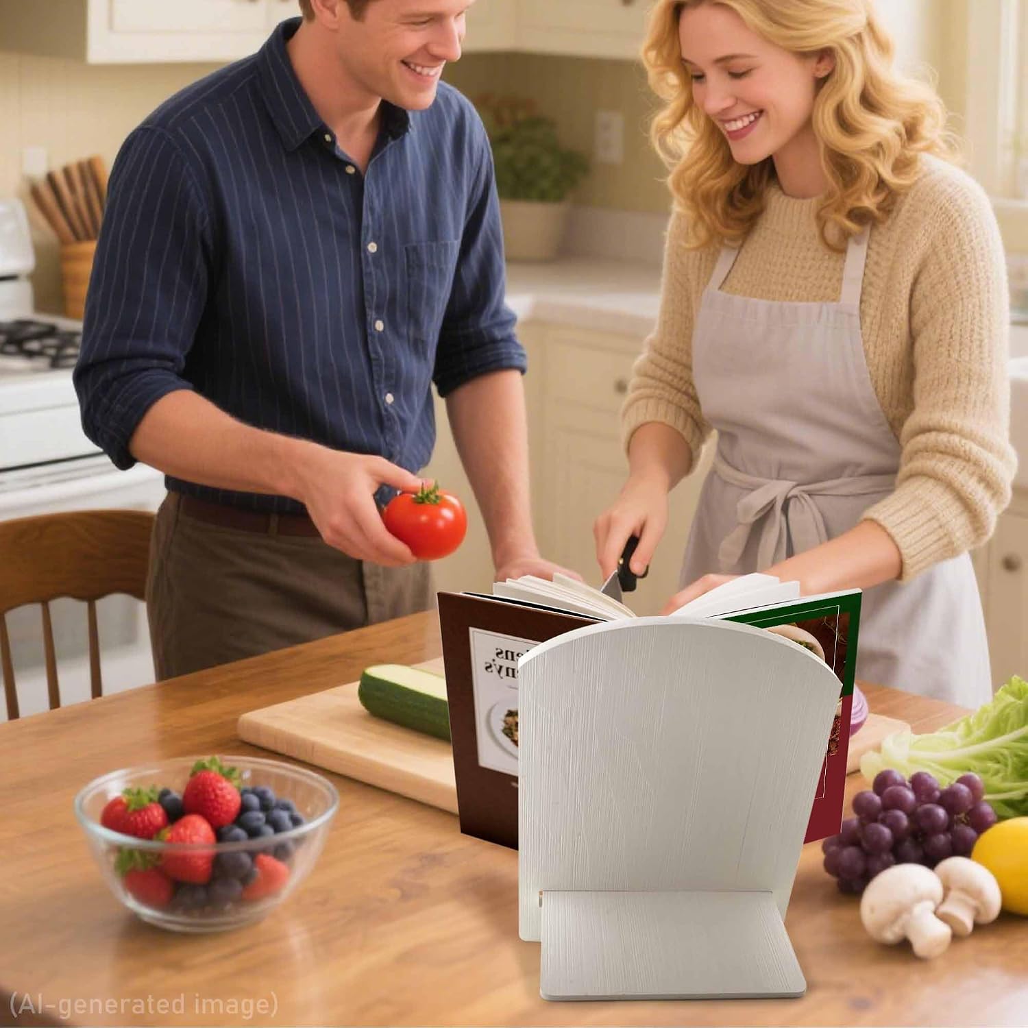 White Farmhouse Cookbook Stand: Wood Recipe Holder for Kitchen Counter | Sturdy Solid Wood Stand with Metal Page Clips