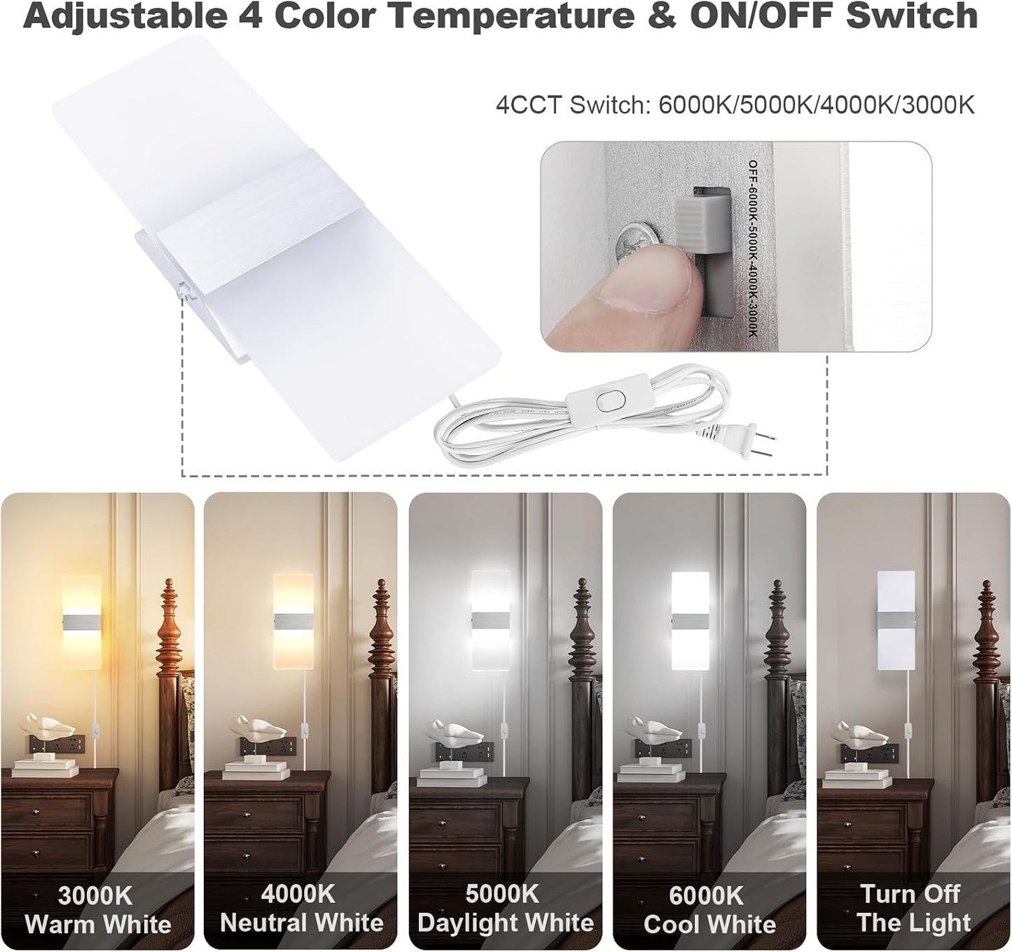 TRLIFE Wall Sconces Plug in, Adjustable 4 Color Temperature Modern LED Wall Sconce, 12W Acrylic Wall Mounted Light Set